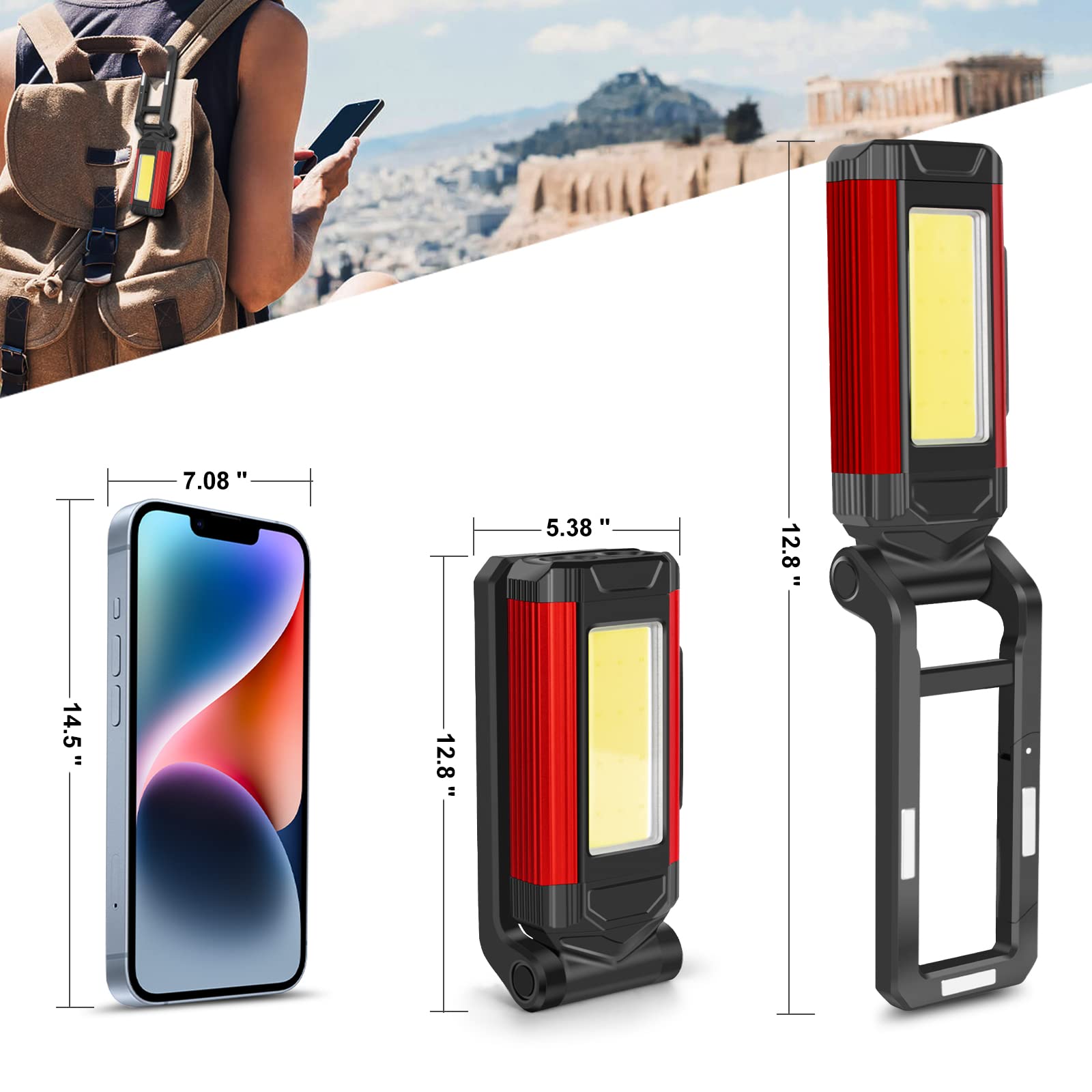 Rechargeable Led Magnetic Work Light 2 Pack, Portable Tool Gifts For Men, 7 Flashlight Modes With Kickstand And Carabiner, 360 R