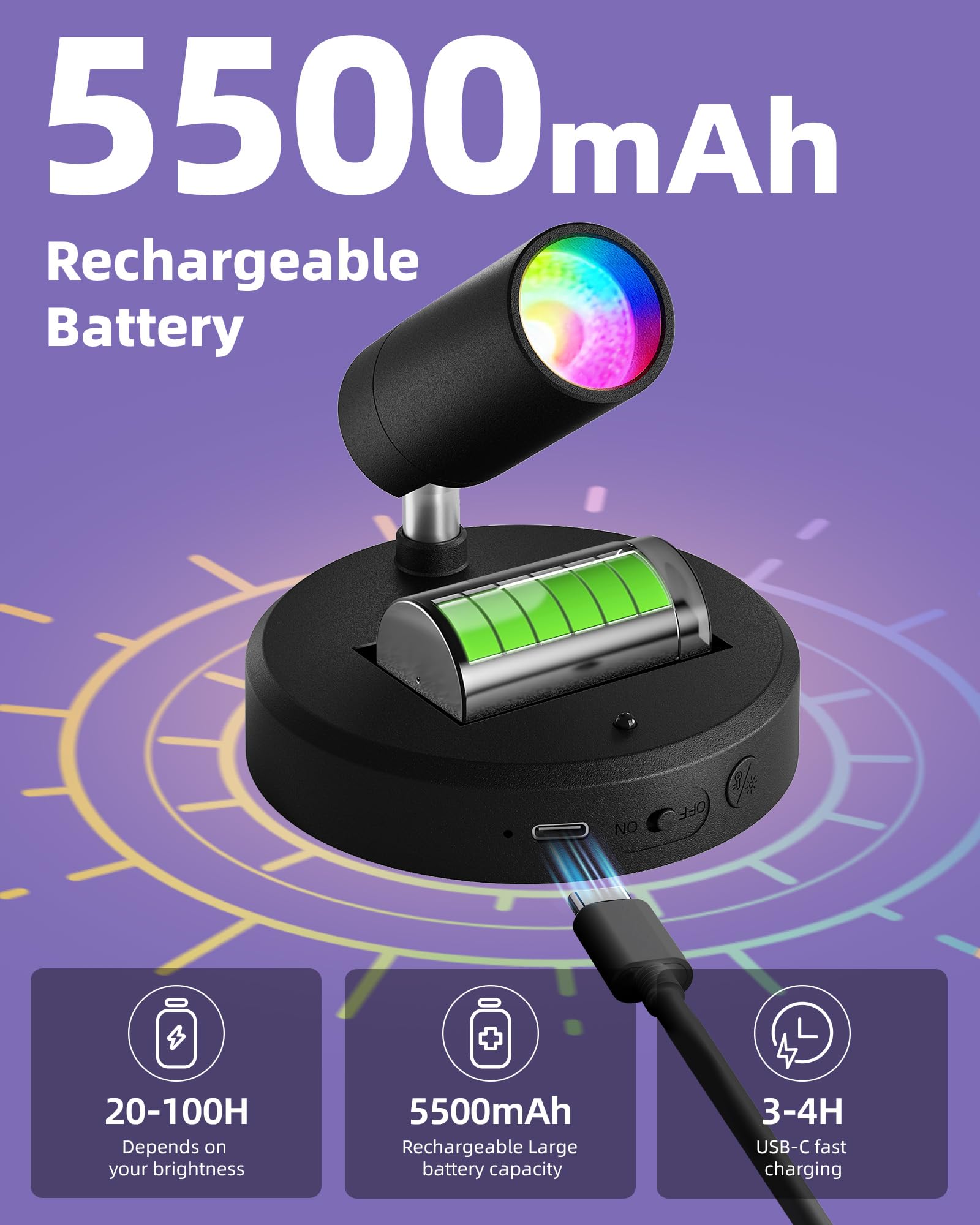 EZVALO RGB Spotlights Indoor, 2Pack Black, 5500mAh Rechargeable, DIY Mode, Wireless Accent Lighting, Model EZL2407A