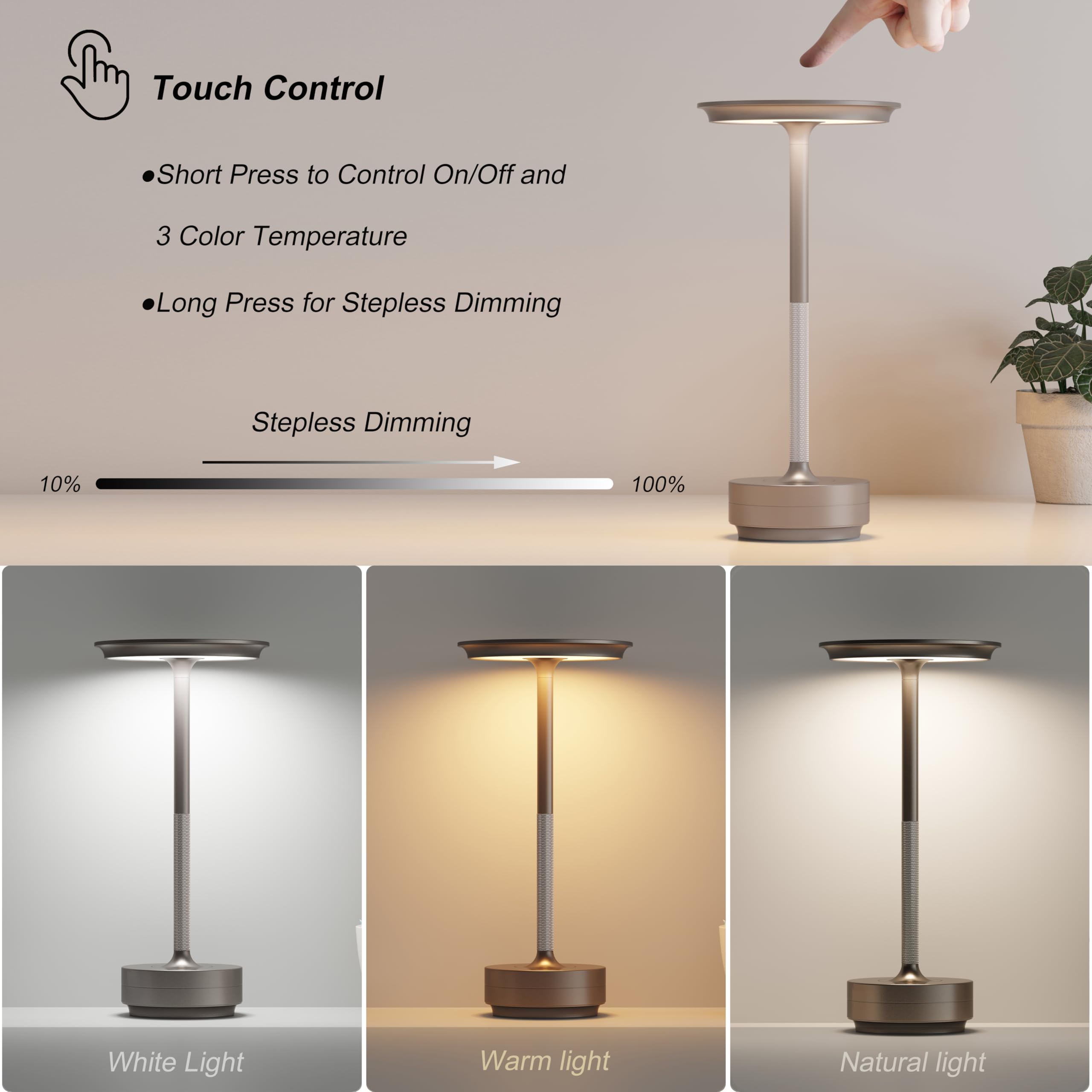 TBBGA Rechargeable Table Lamp, 5000mAh, 3 Color Dimming, Aluminum, Champagne Gold, Model T106C