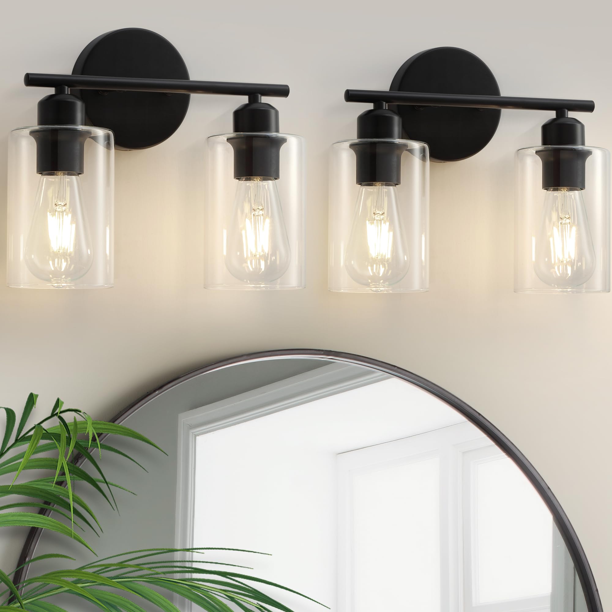 SEABLE Modern Vanity Lights - 2 Pack Wall Sconce, Matte Black, Clear Glass Shade, Bathroom & Bedroom Fixtures