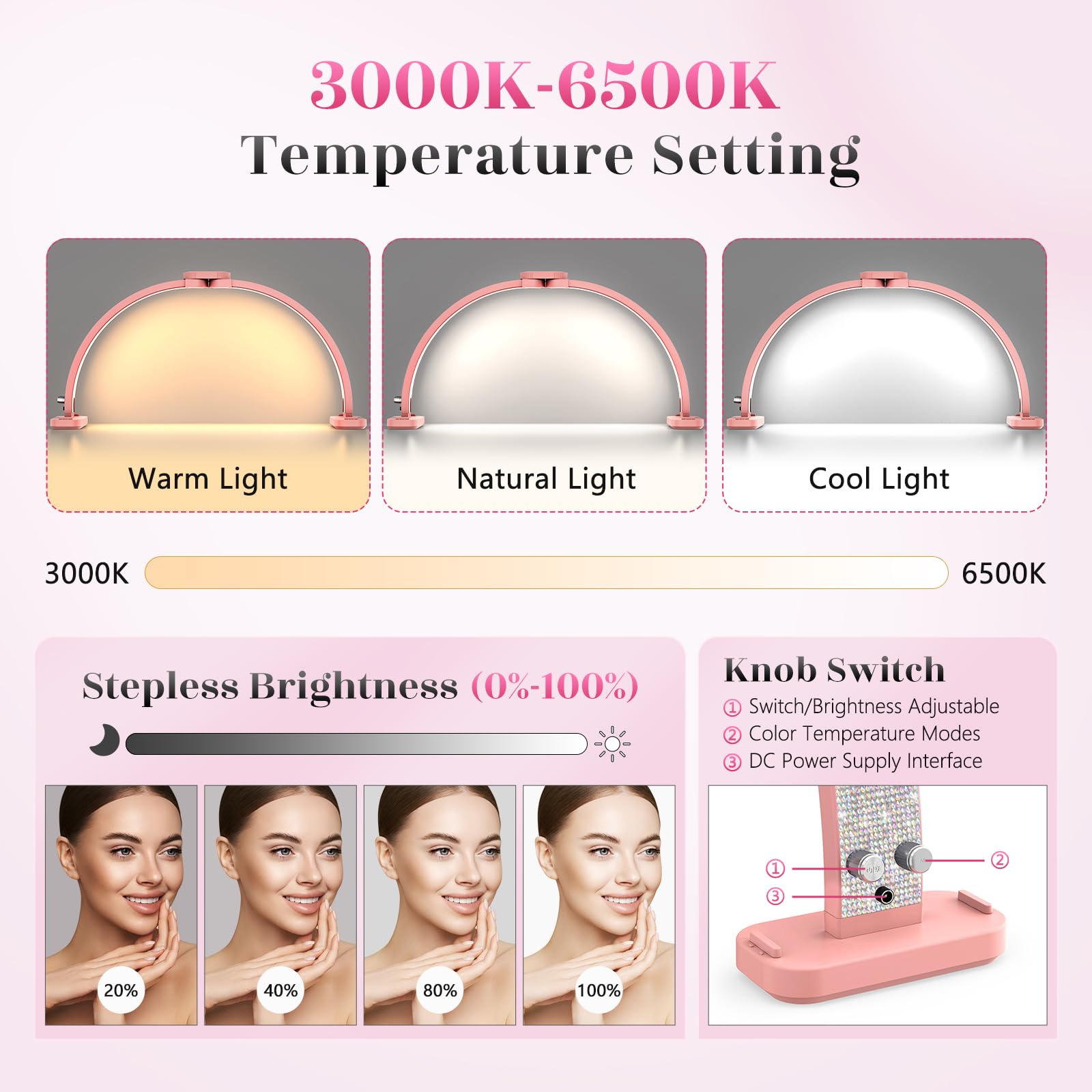 LIONVISON Half Moon Light - 48W LED Lamp with Phone Holder, Pink, 30 inch, Aluminum, Model 0002, Foldable for Nail and Eyelash Tech