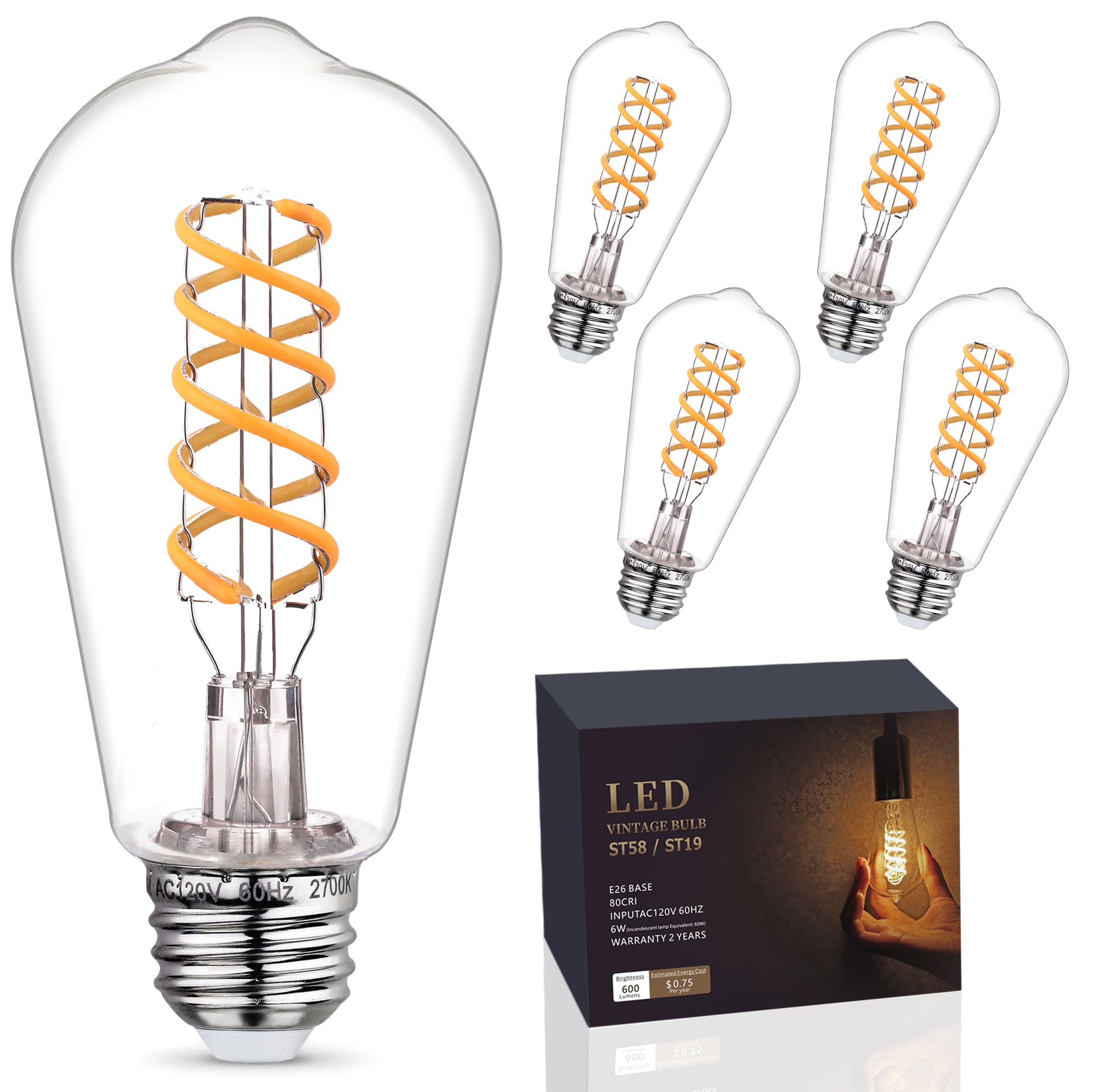 Emymlite 4 - Pack Edison Light Bulbs 60W Equivalent, Dimmable Vintage Led Light Bulbs, E26 Medium Base, St58, 6W, 600Lm, 2700K, 