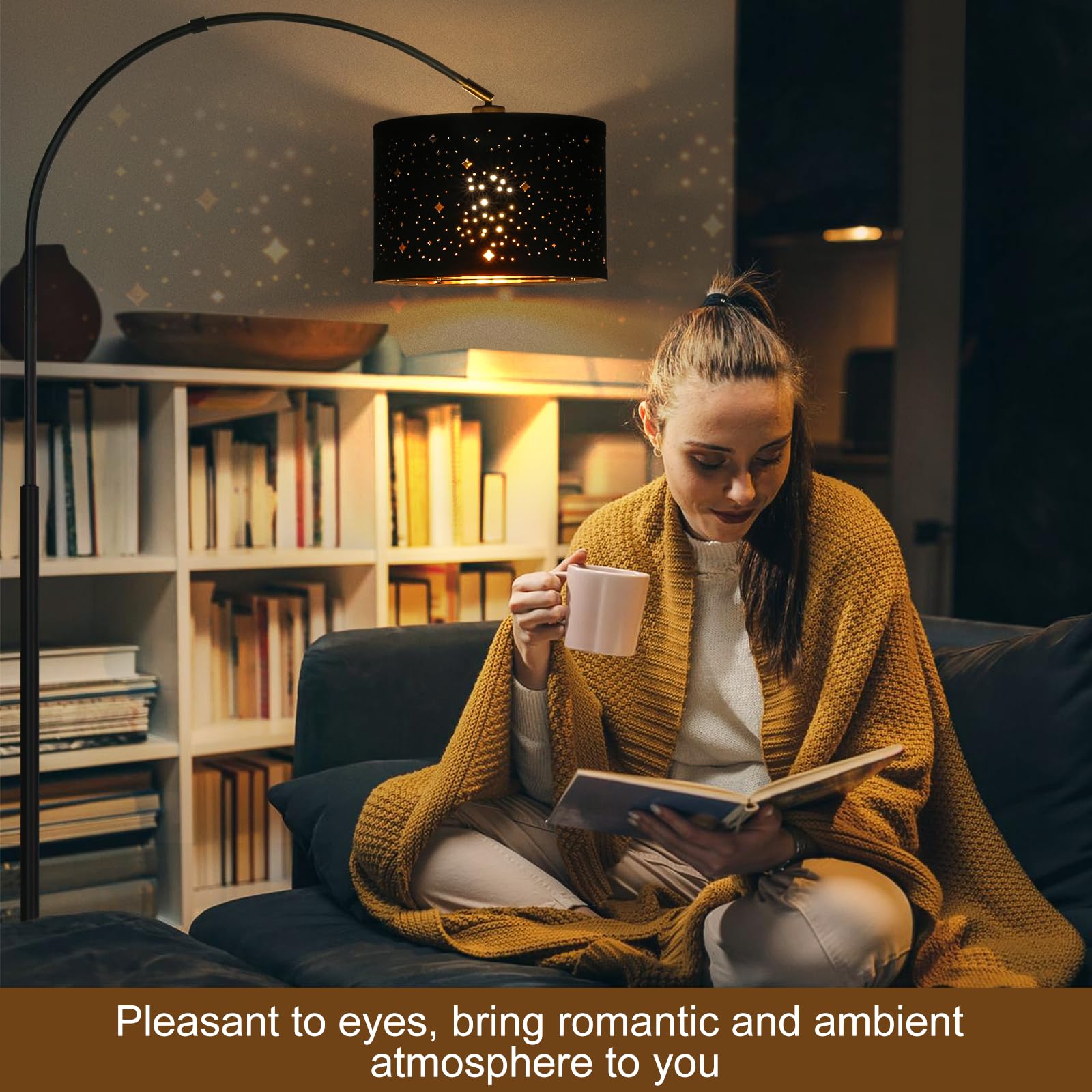 Dimmable Floor Lamp, Arc Floor Lamp For Living Room, Arched Tall Modern Standing Lamp With Adjustable Star Shade, Black Mid Cent