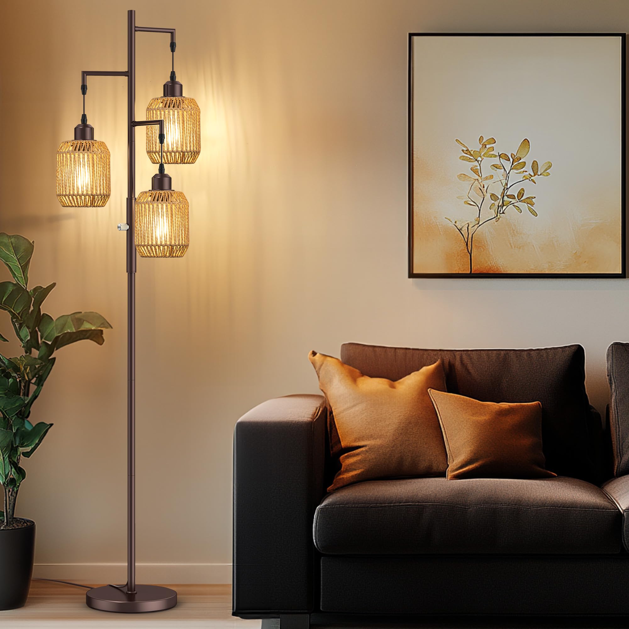 ROTTOGOON Dimmable Boho Floor Lamp - 3 Light Rattan Design, 68" ORB with Brown Lampshades, Model ROFP125AZ