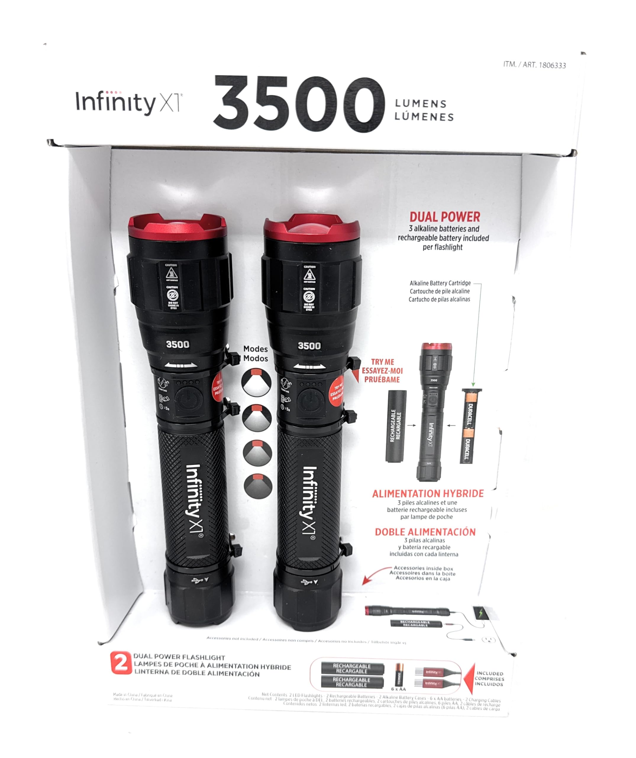 Infinity X1 Dual Power Flashlight 3500 Lumen, Rechargeable, USB-C, 4 Light Modes, Alloy Steel, Black, Model 1806333, 2-Pack