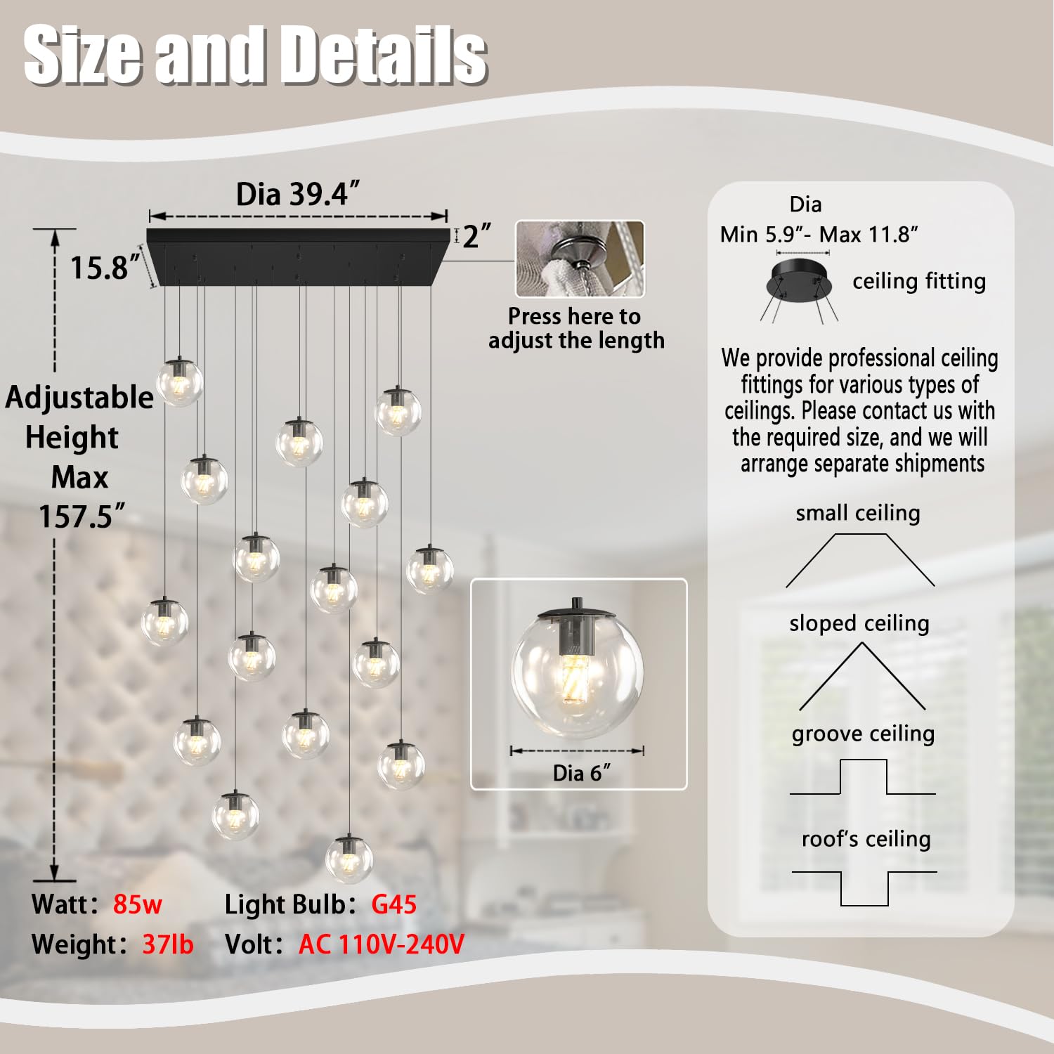 Glass Chandelier Led Modern Black Pendant Light Globe Glass Ceiling Light 16-Lights Glass Ball Chandeliers For Staircase Living