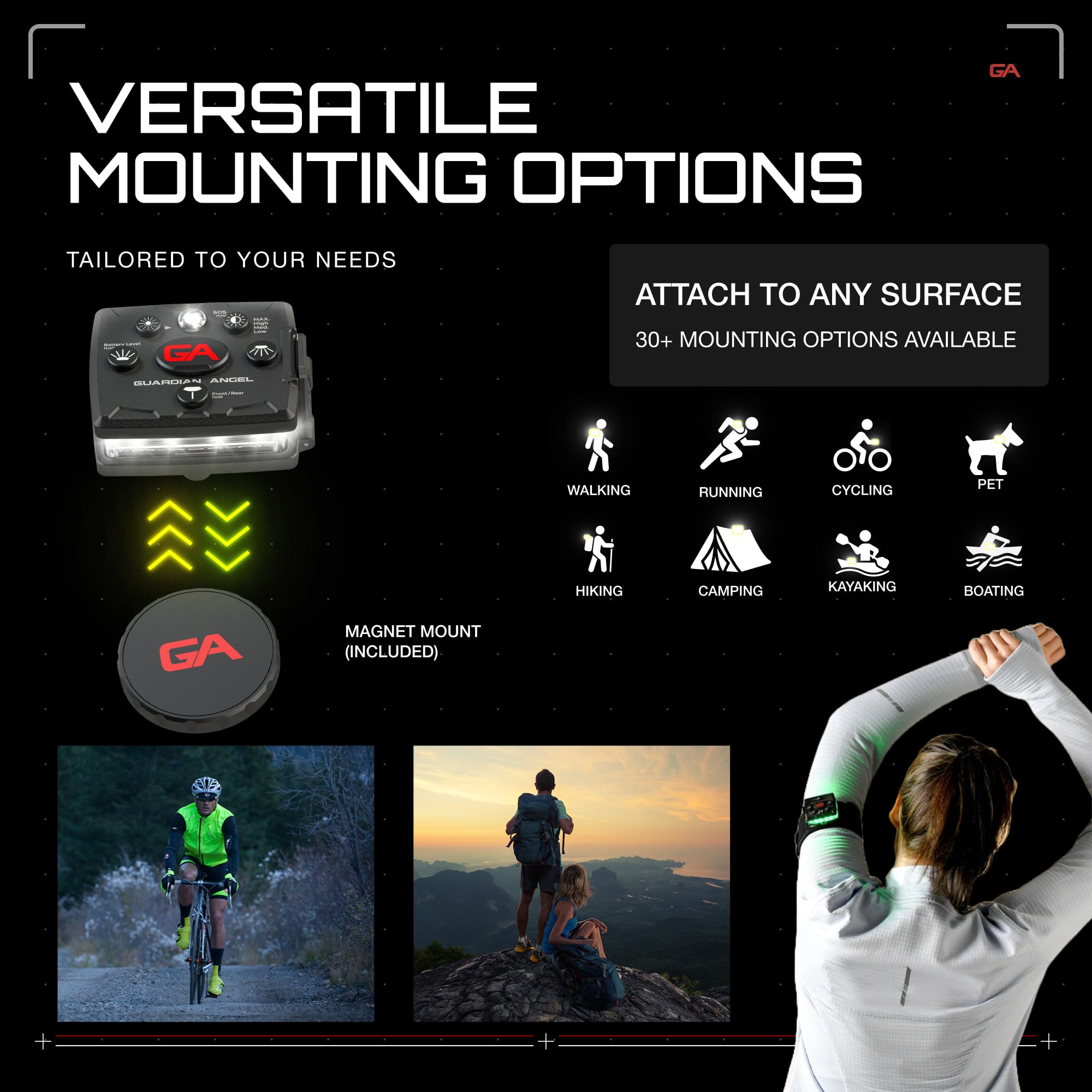 Guardian Angel Micro Series Safety Lights, Beacon Device (Orange Front & Orange Rear) | Rechargeable, Magnetic, Hands-Free Weara