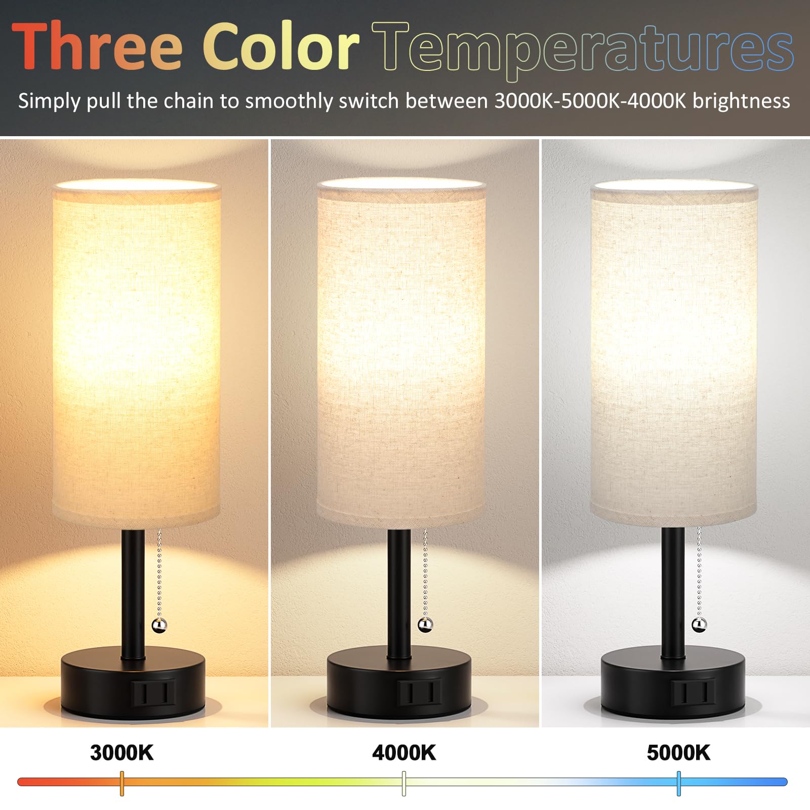 Fenmzee Bedside Table Lamps Set of 2, Metal, Beige, Round, 14in, 3 Color Temperatures, Pull Chain, AC Outlet, E26 LED Bulbs