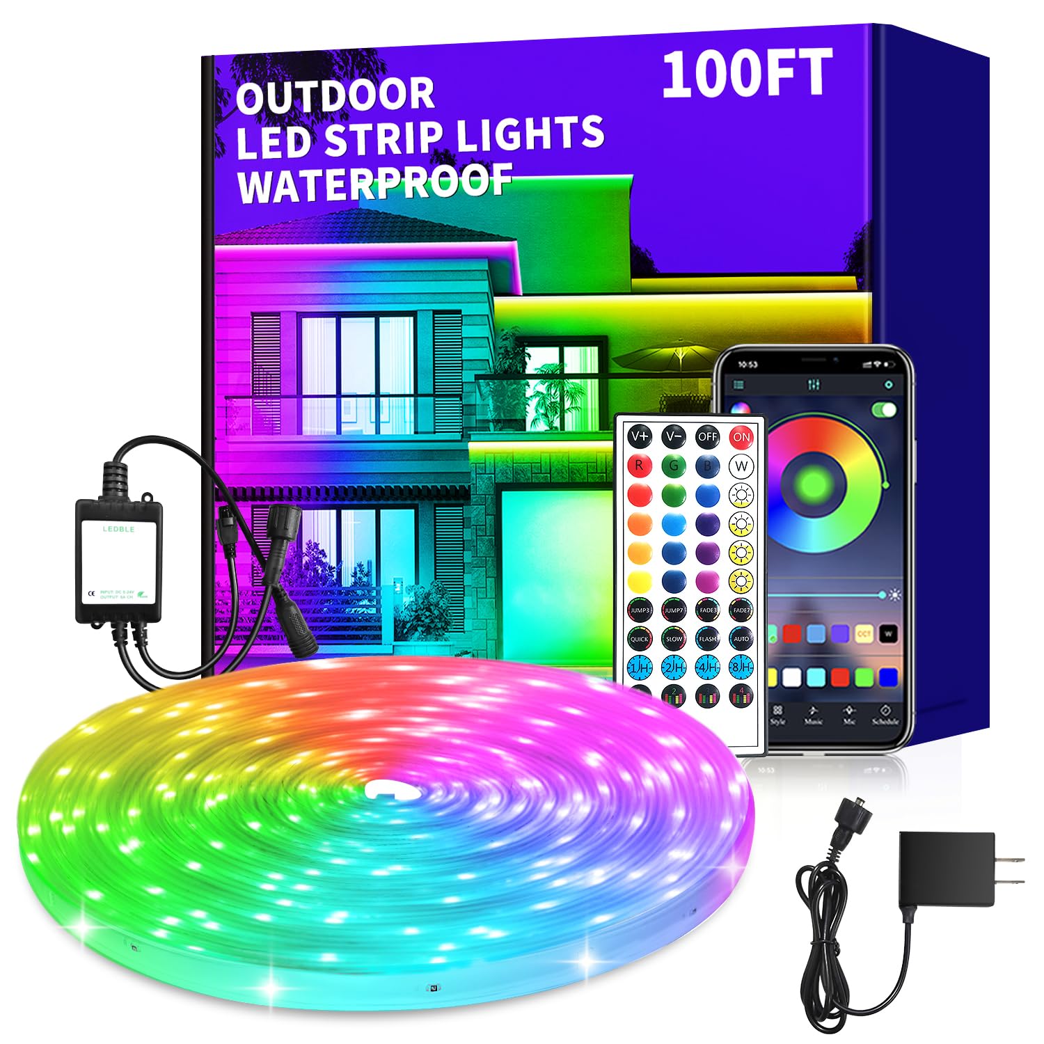 vimeepro 100ft Outdoor LED Strip Lights Waterproof,IP68 Outside Led Light Strips Waterproof,Color Changing with App/Remote Contr