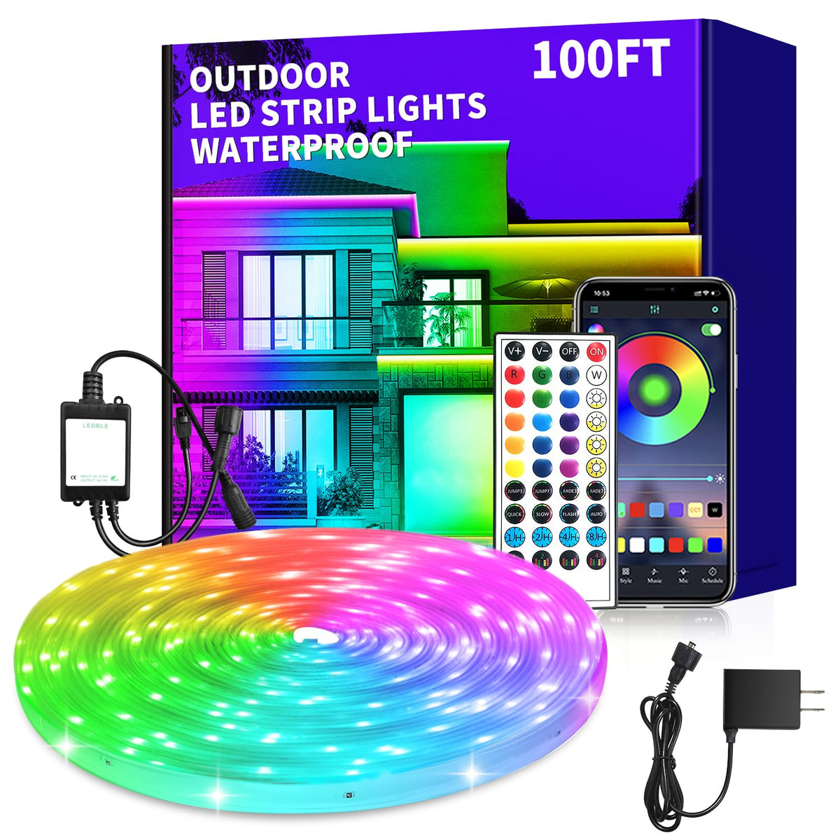 vimeepro 100ft Outdoor LED Strip Lights Waterproof,IP68 Outside Led Light Strips Waterproof,Color Changing with App/Remote Contr