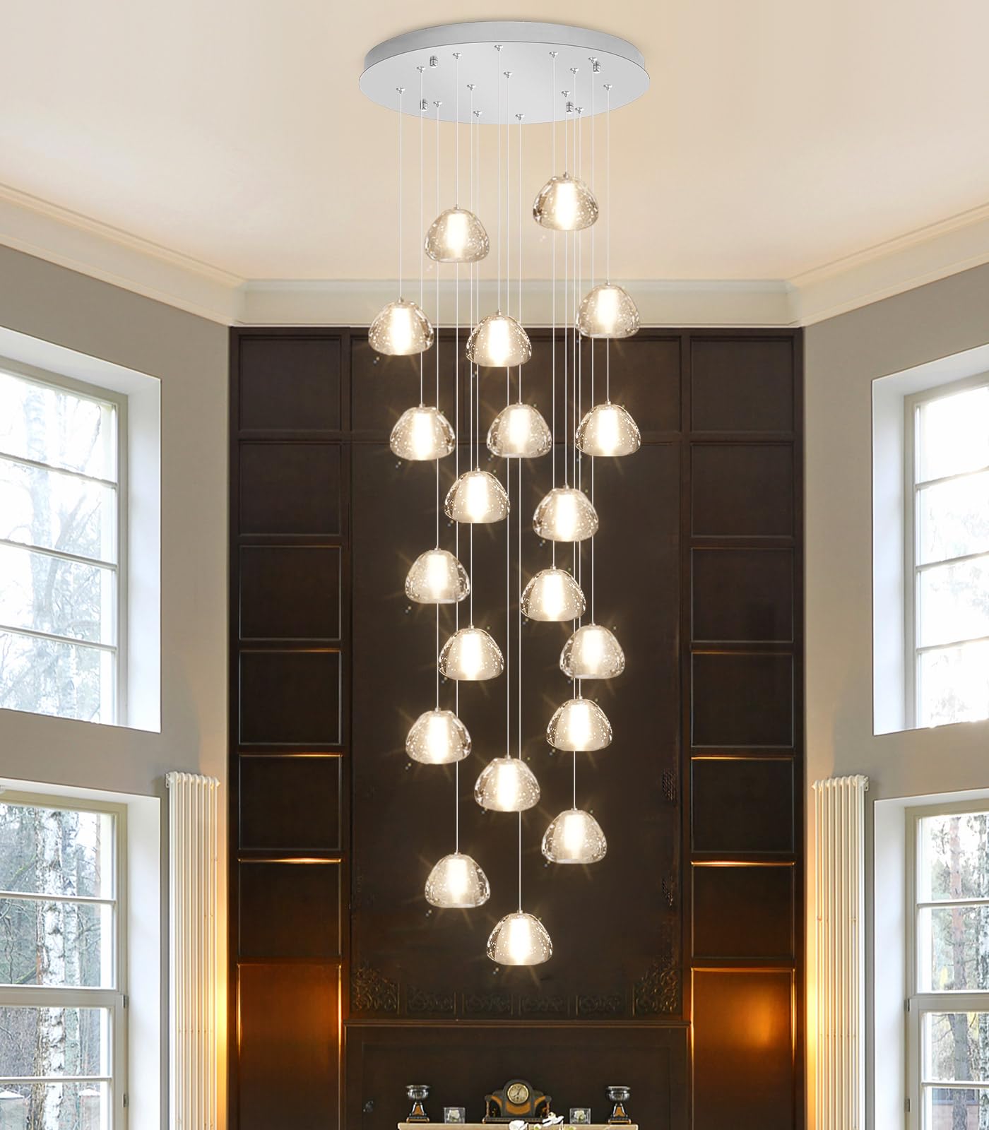 dolria 20-Light Modern Chandelier, Crystal Pendant Light Fixture, Silver, Model PC0010, Ideal for High Ceilings, Stairwell, Living Room