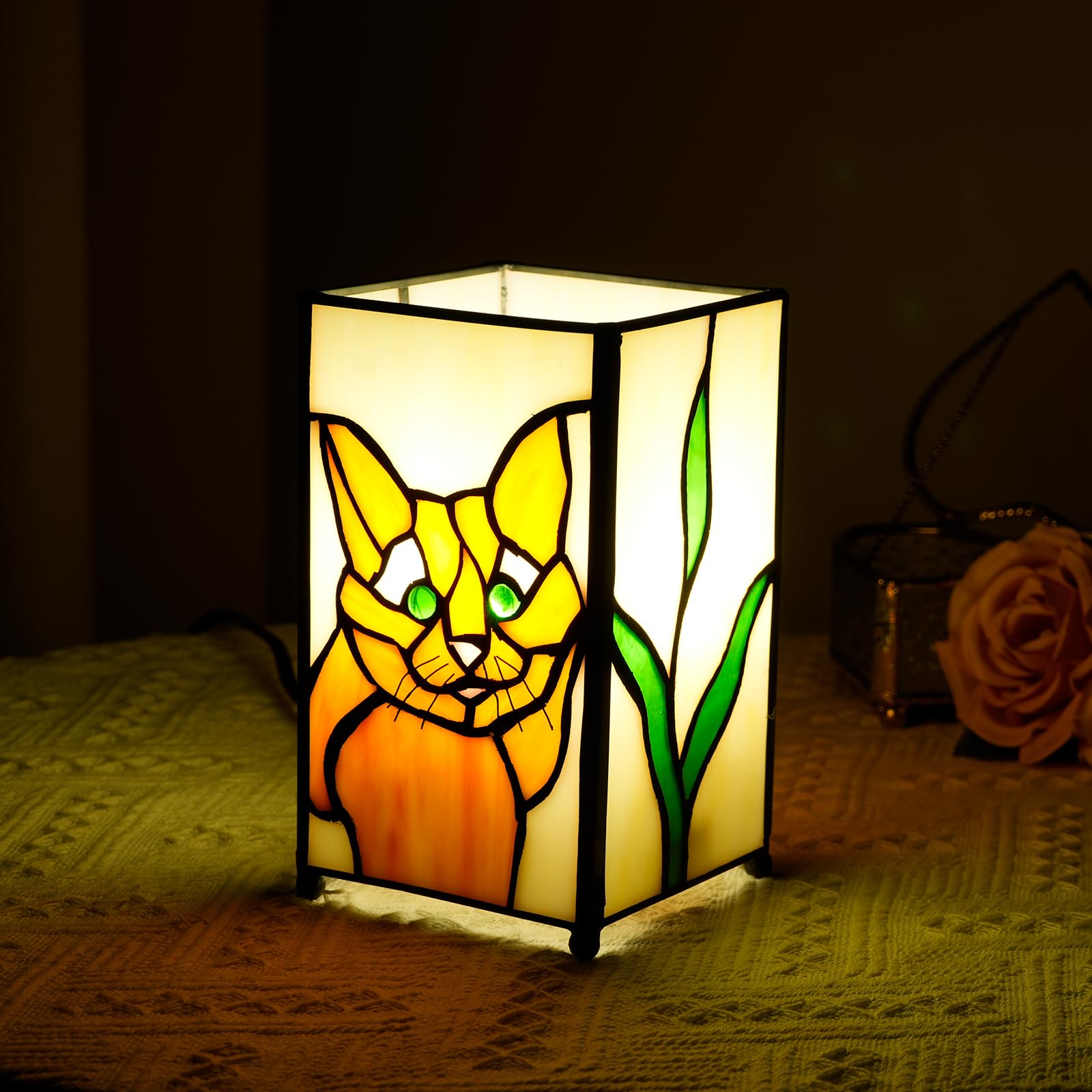 Kiphepi Tiffany Lamp Stained Glass Lamp Small Bedside Table Lamps For Living Room Home Decor Girls Women Birthday Christmas Thanksgiving Day Gift Cat