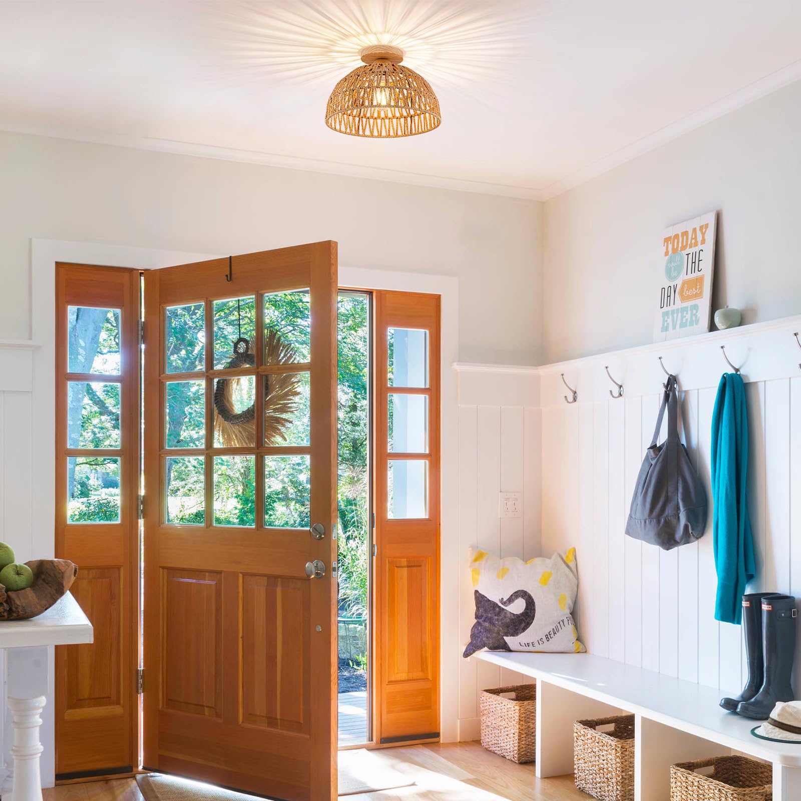 Boho Light Fixtures Ceiling Rattan Lights Boho Chandelier Flush Mount Ceiling Light Wooden Canopy Woven Lamp Shade Small Chandel