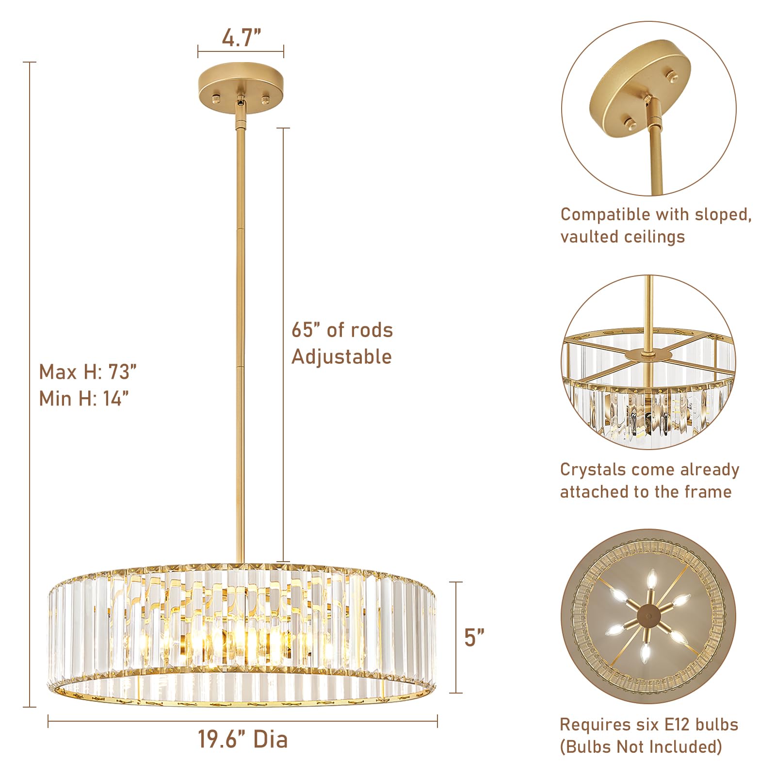 Yurnyq Gold Crystal Chandelier For Dining Room, 6-Light Modern Semi Flush Mount Chandelier Lighting Fixtures, Round Kitchen Hang