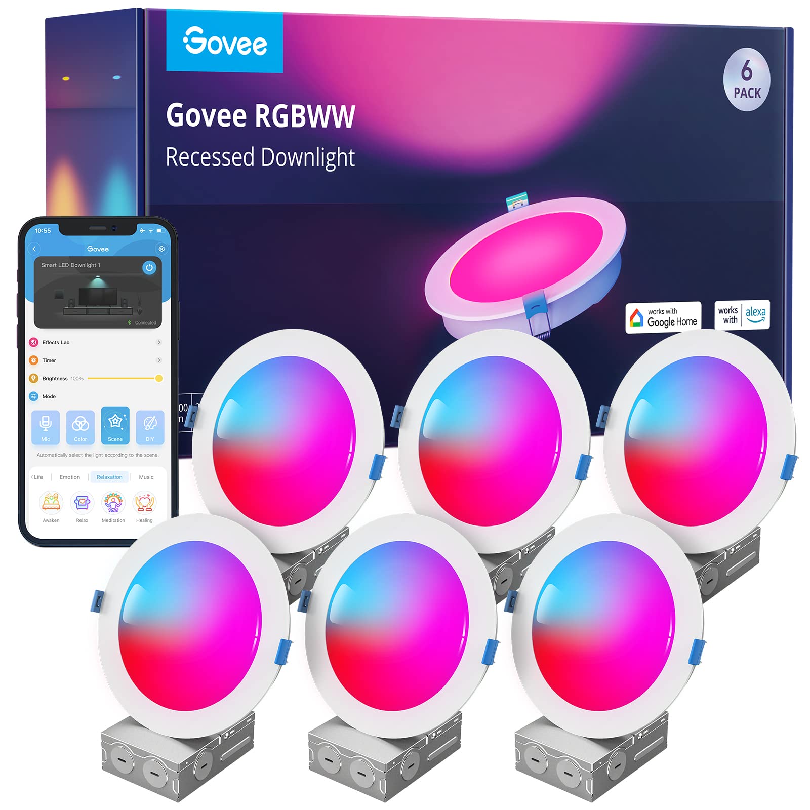 Govee 6 Inch Smart Recessed Lighting, Wi-Fi Bluetooth Direct Connect Rgbww Led Downlight, 65 Scene Mode, Work With Alexa & Google Assistant, Led Recessed Lighting With Junction Box, 1100 Lumen, 6 Pack