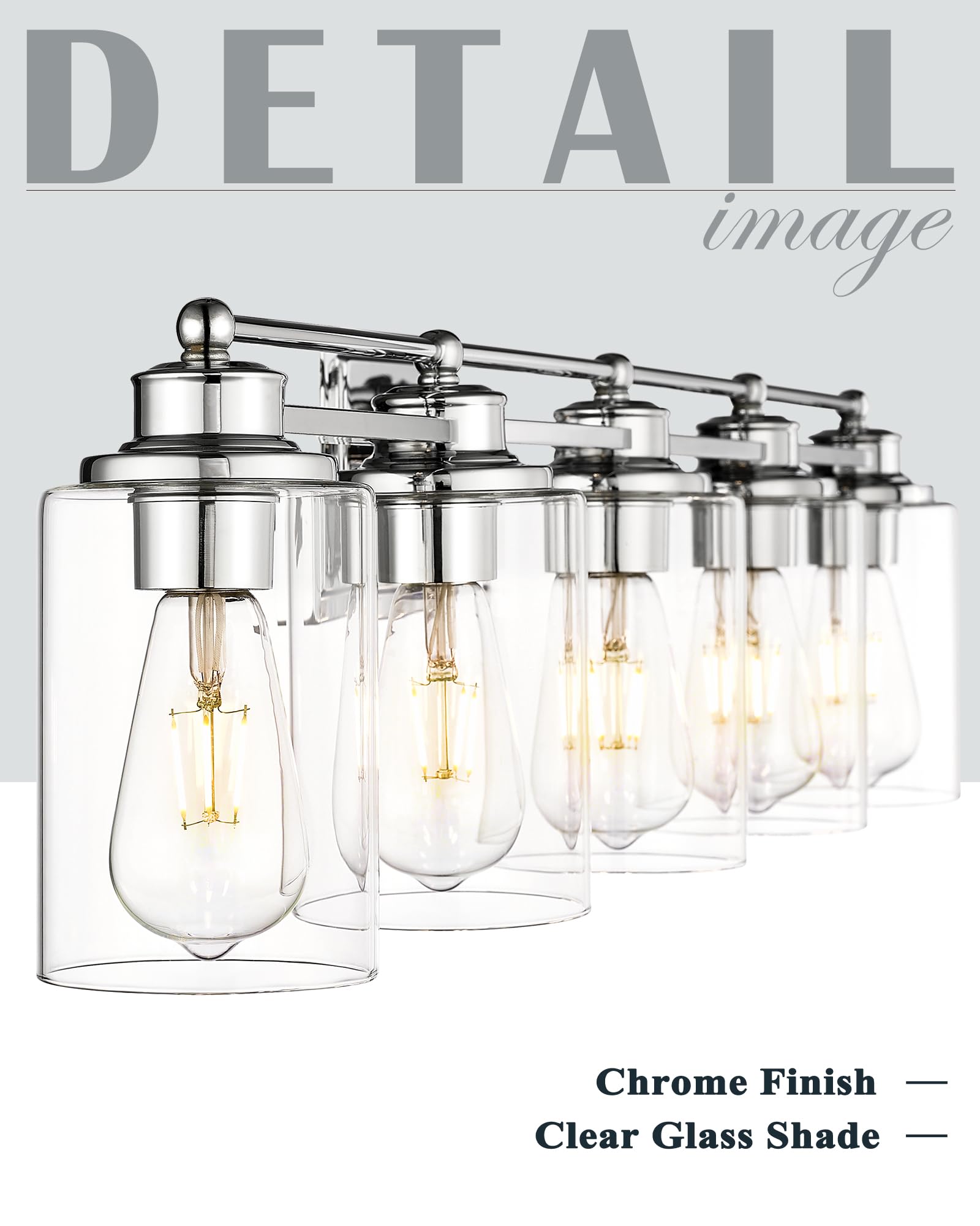 Hwh Chrome 5-Light Bathroom Vanity Light Fixture - Modern Sconce Over Mirror, 37-Inch