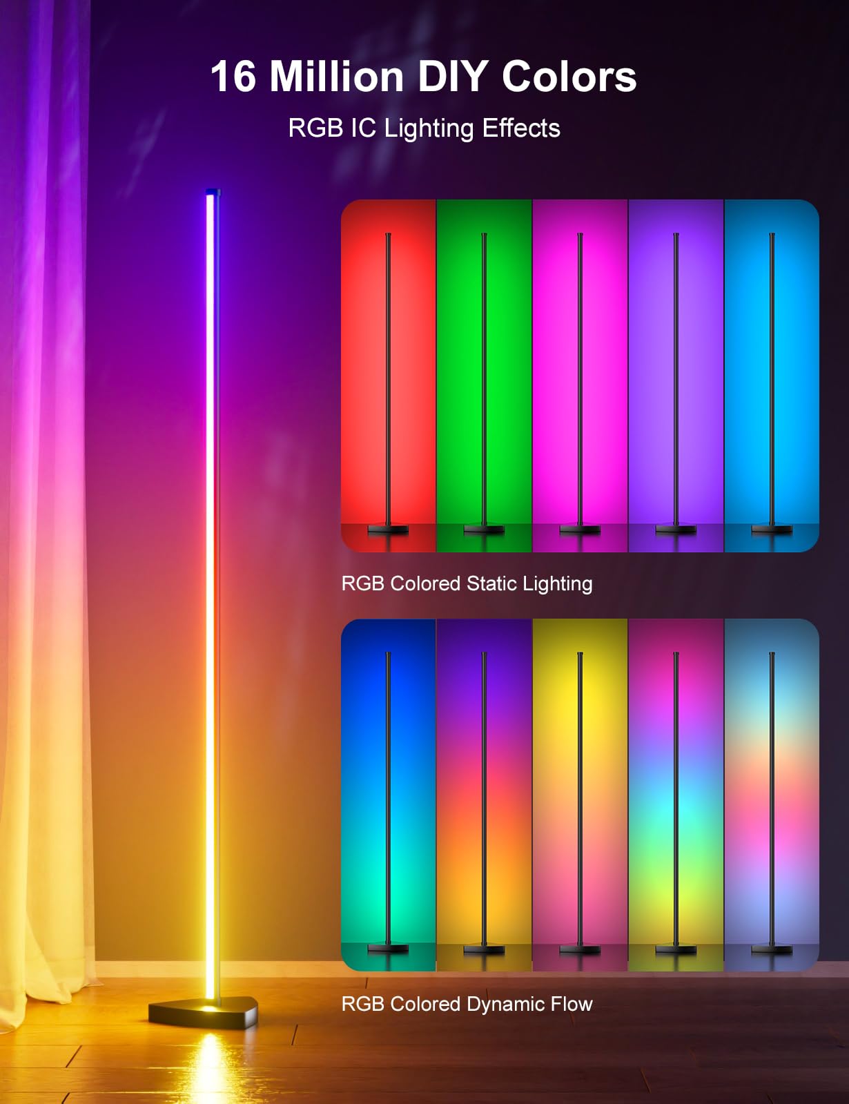 Eastfine Corner Floor Lamp 70in - RGB LED, 2 Pack, Bluetooth Control, Aluminum, Model DX23012-01
