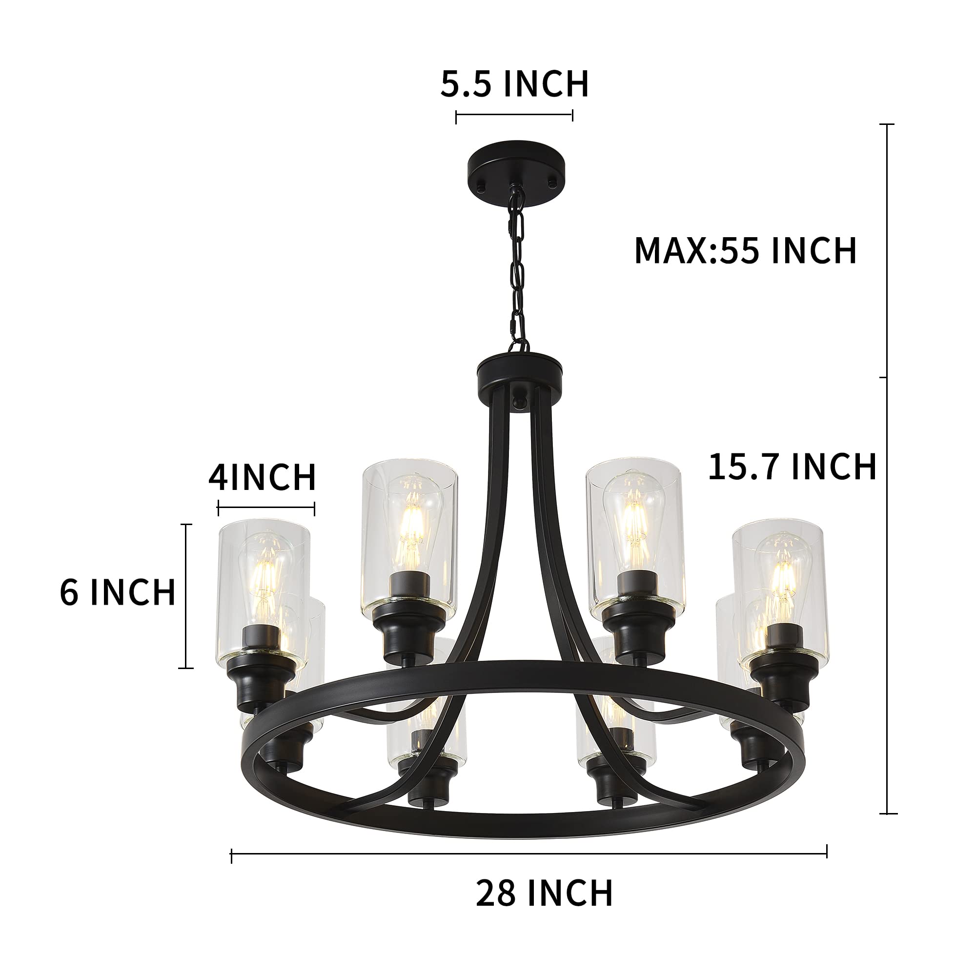 Sivilynus Black Chandelier 8 Lights, Kitchen Island Lighting Industrial Chandelier With Clear Glass Shade, Farmhouse Pendant Lig