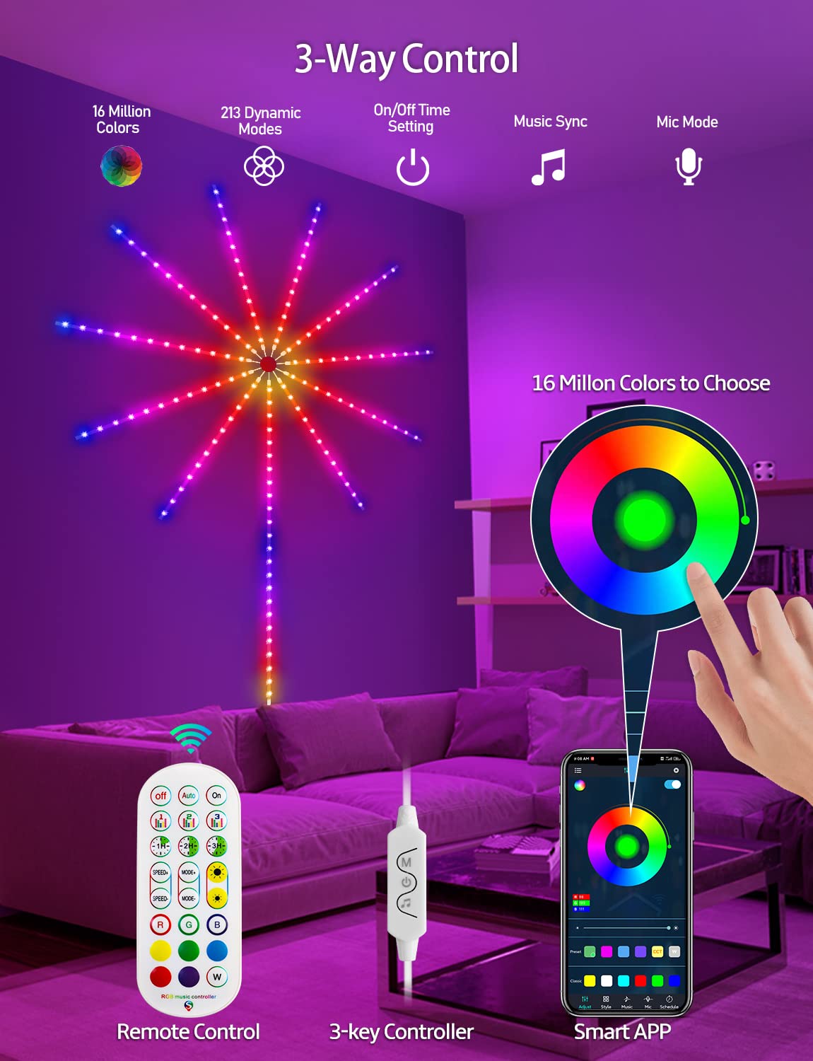 MATICOD Smart Firework LED Lights, USB Powered, RGB Color Changing, 19.6in, Vinyl, Model SKS-JZ-02, Remote App Control for Party Decor