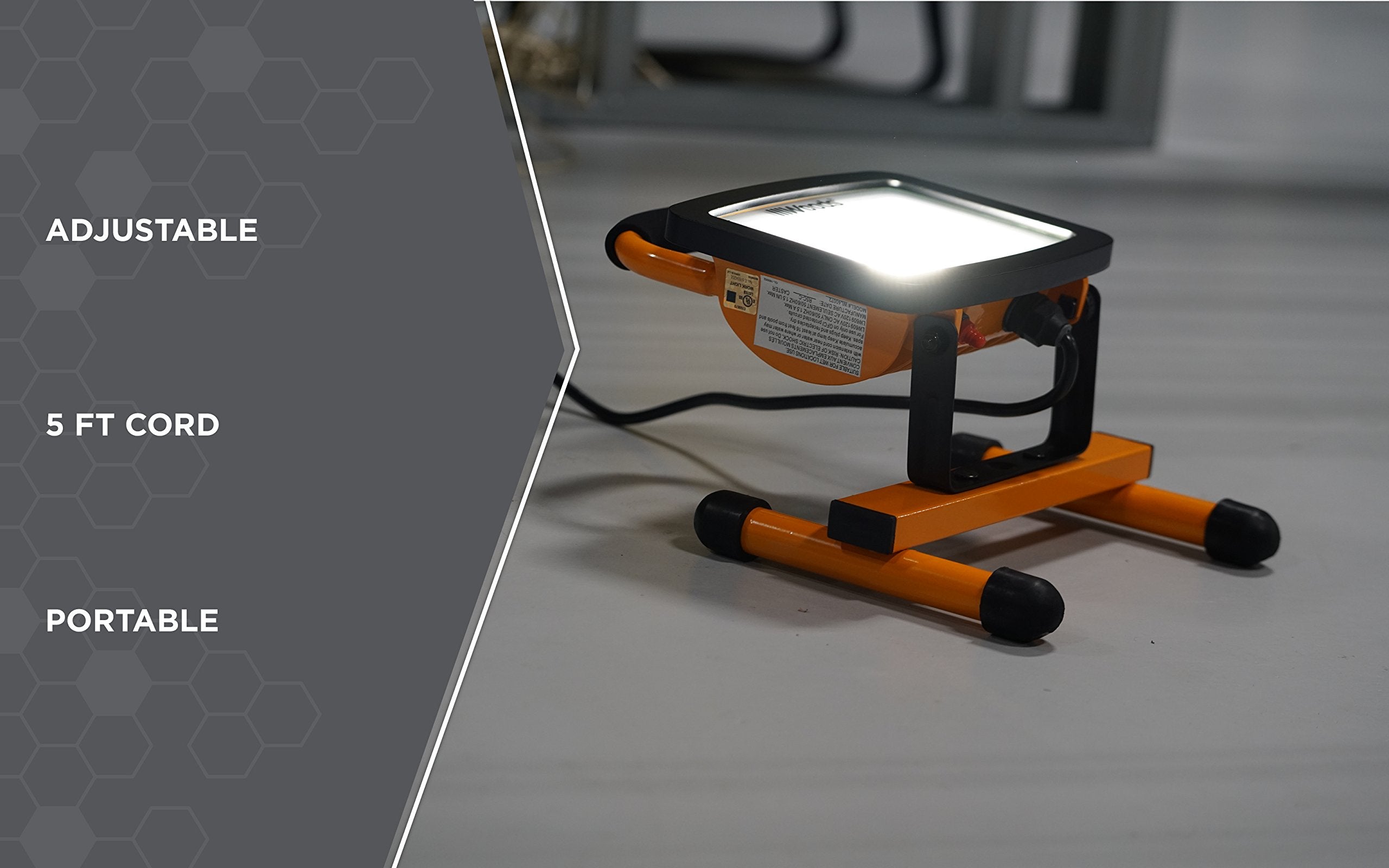 Woods Wl40072 Portable Led Work Light On Steel H-Stand, 6000 Lumens, 72 Watts, 4000 Kelvin, 5 Foot Cord, Orange/Black