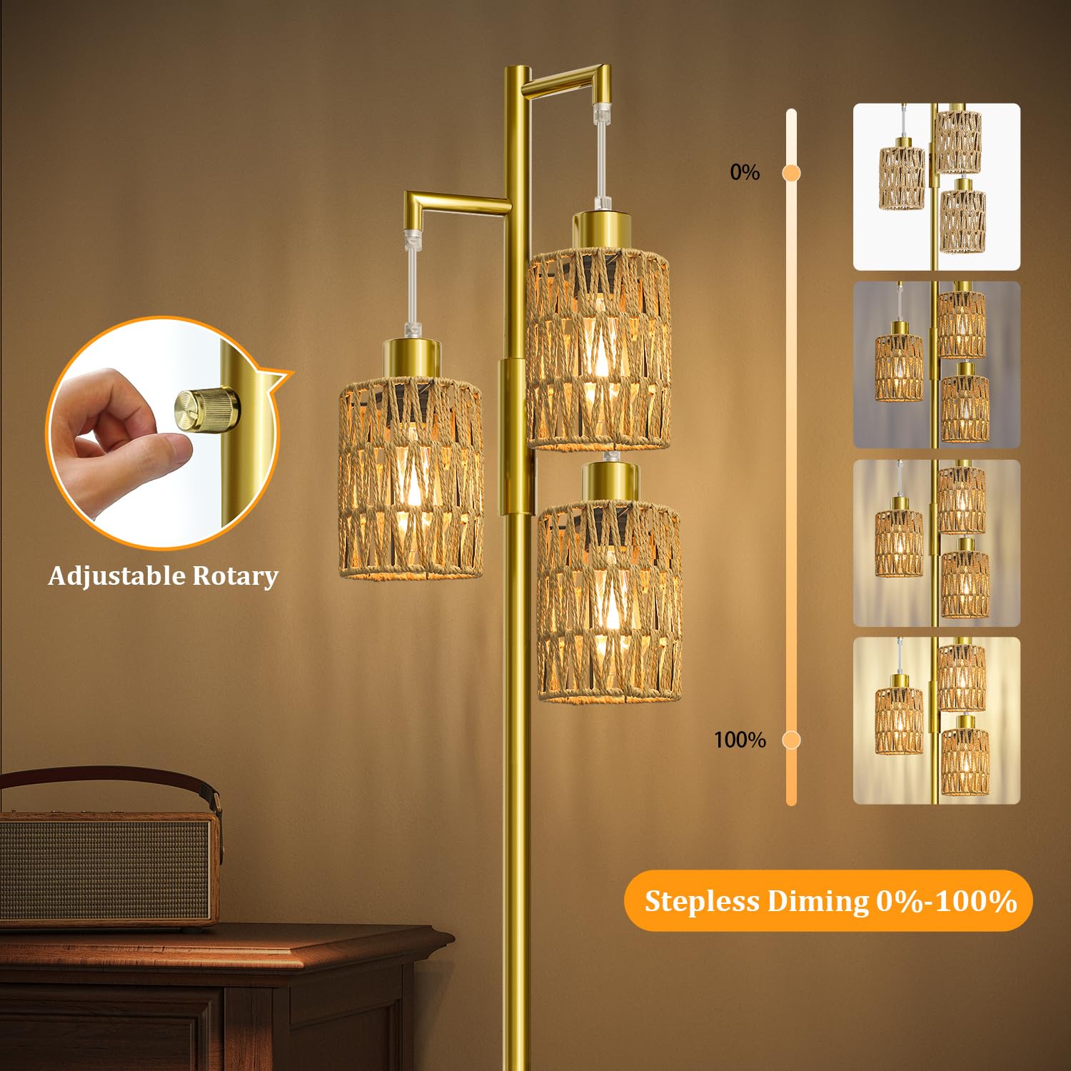 Oneach 70in Stepless Dimmable Floor Lamp, Metal Boho Tree Lamp with 3 Bulbs, Gold-Rattan, Model AMZ-F1175GL-3