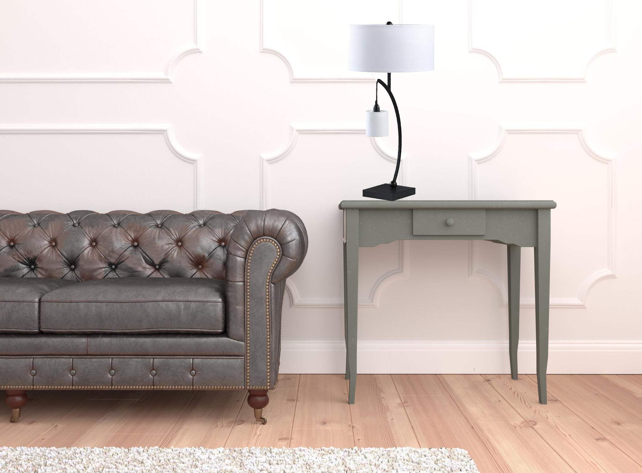 Homeroots Black Metal Two Light Arched Table Lamp With White Drum Shade, Model 524264, 28.5 X 15 X 15 In.