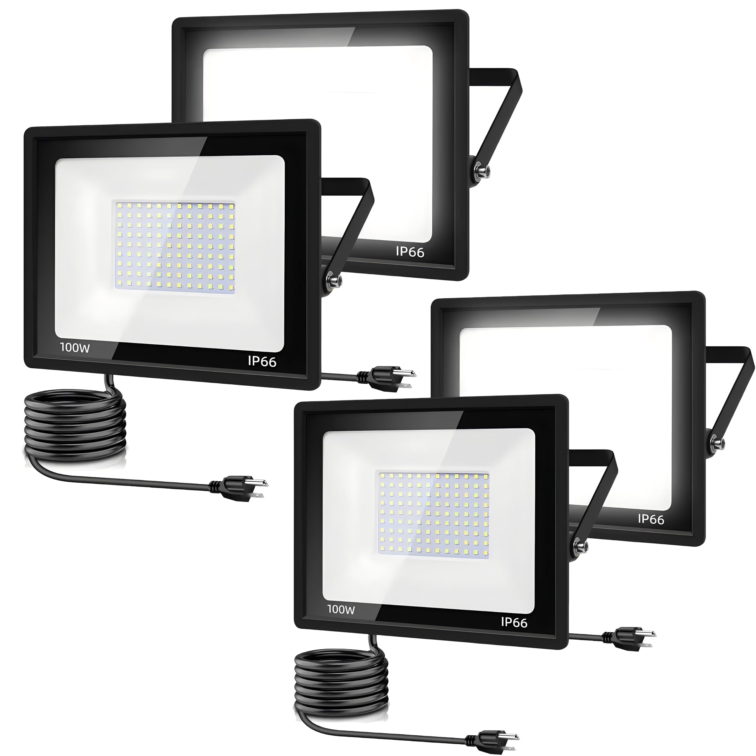 STARFISHHOME 4 Pack 100W LED Flood Light Outdoor,11100LM LED Work Light with US Plug,6000K Daylight White,IP67 Waterproof Outdoo
