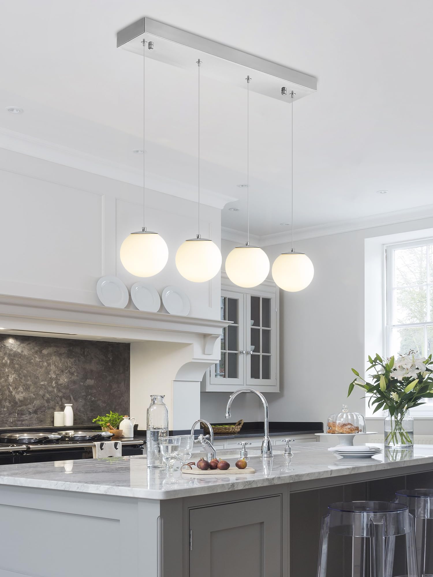 ykolupty Modern Kitchen Island Lighting Linear Chandeliers for Dining Room 4-Light Glass Globe Hanging Pendant Light Rectangular