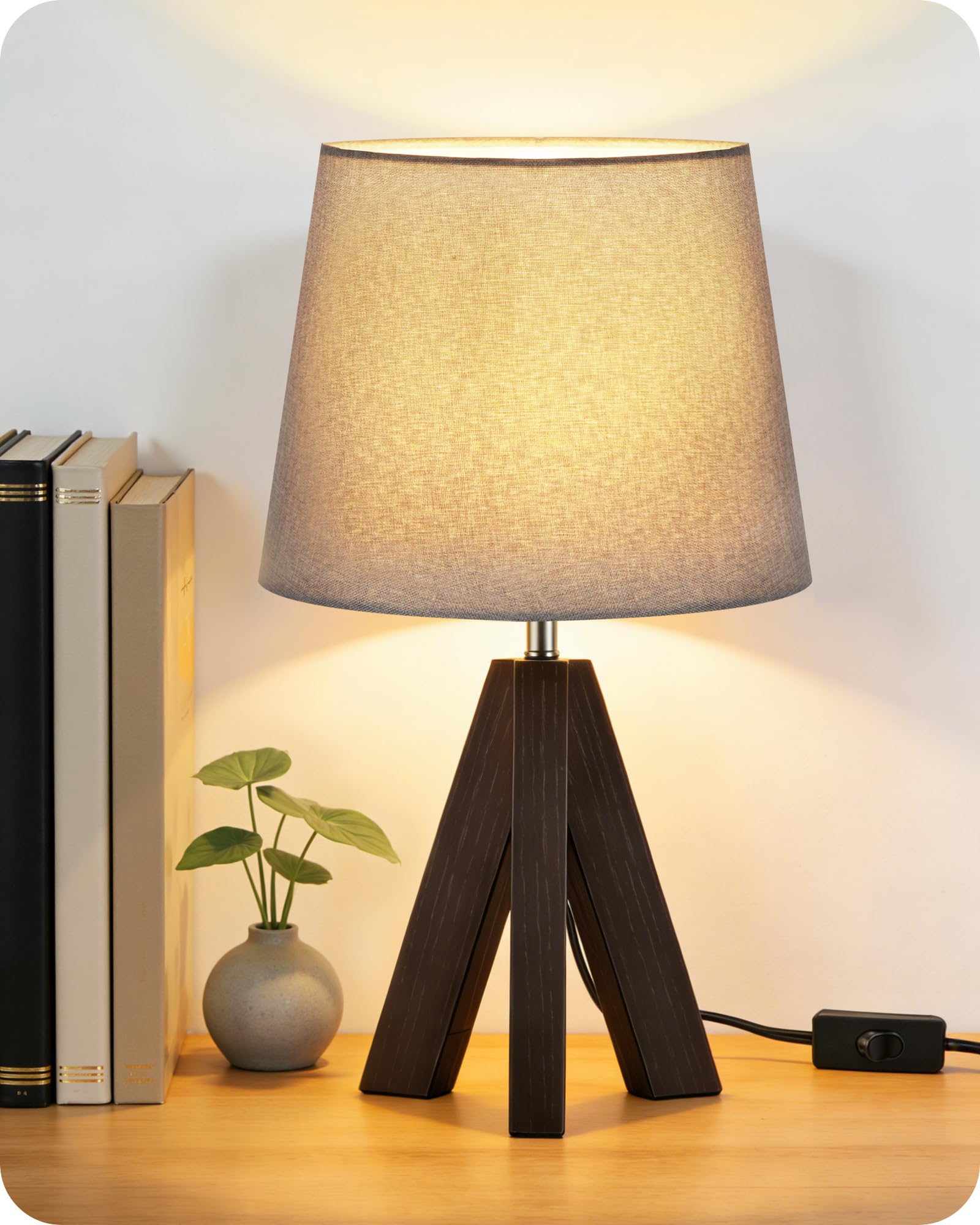 GOEBLESON Tripod Table Lamp, 14.6 Small Bedside Lamp, Modern Nightstand Lamp with Gray Shade & Dark Walnut Base, Boho Desk Lamp 