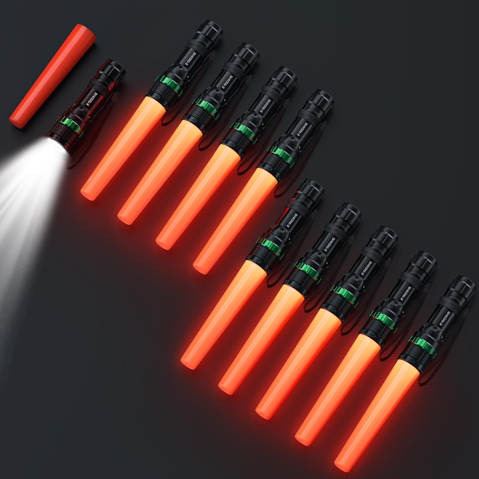E-riding 10 Pack Traffic Wand, 11 Inch LED Traffic Flashlight Wand, Small Orange Safety Baton with for 5 Flashing Modes, Air Tra