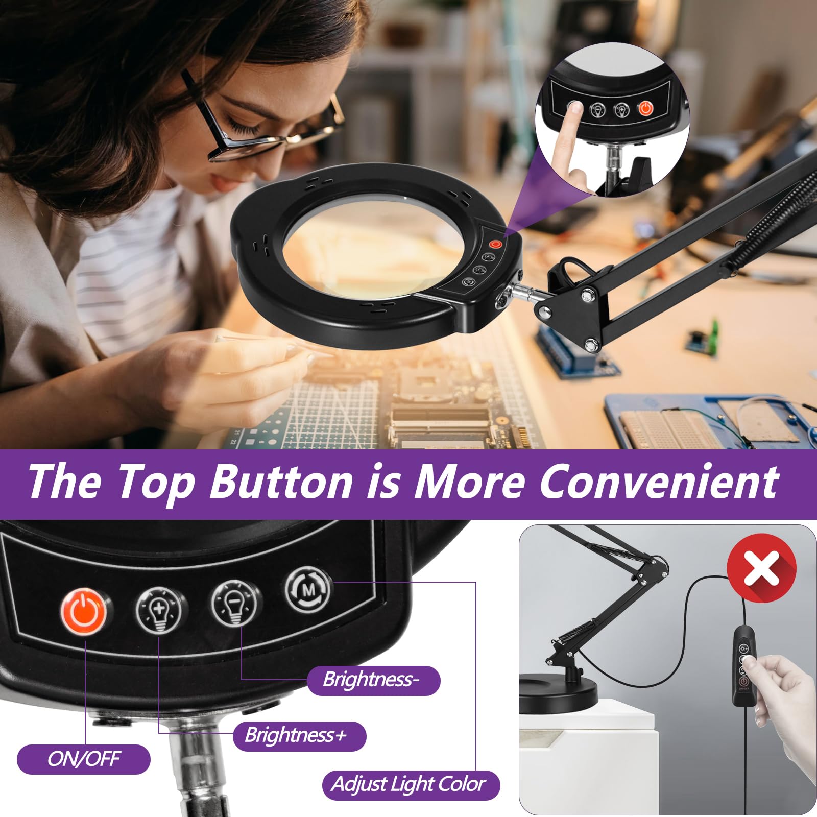 Baoomalongly 12X Magnifying Glass Lamp, Adjustable Swing Arm 72 Leds Real Glass Lens Magnifier Light,5 Color Modes 10 Stepless D