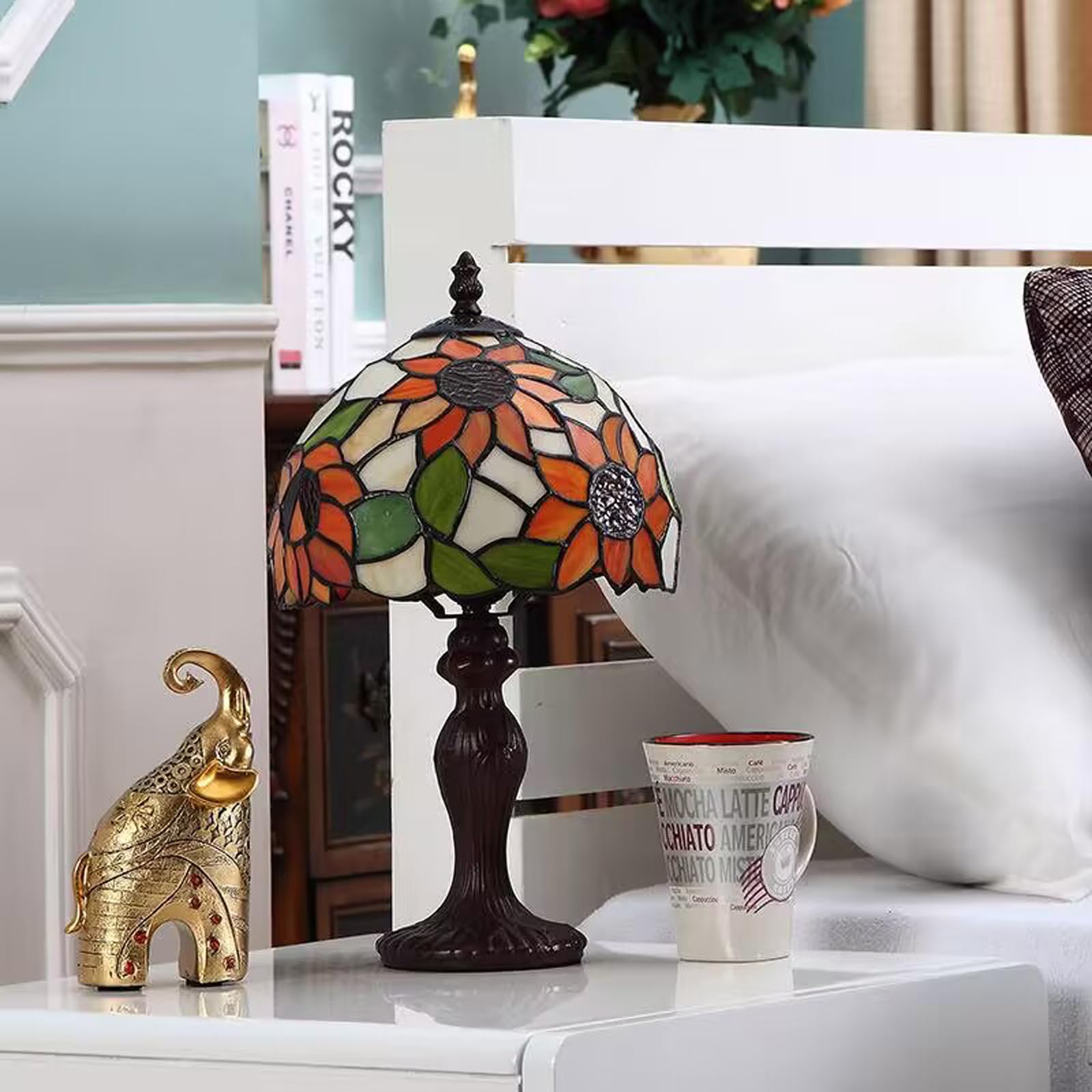 Tuomoxte Tiffany Style Table Lamp,Sunflower Stained Glass Lamp,8X8X15 Inch Small Accent Antique Nightstand Bedside Table Lamps For Bedroom Living Room Home Office W/ 3 Color Temperatures Led Bulb