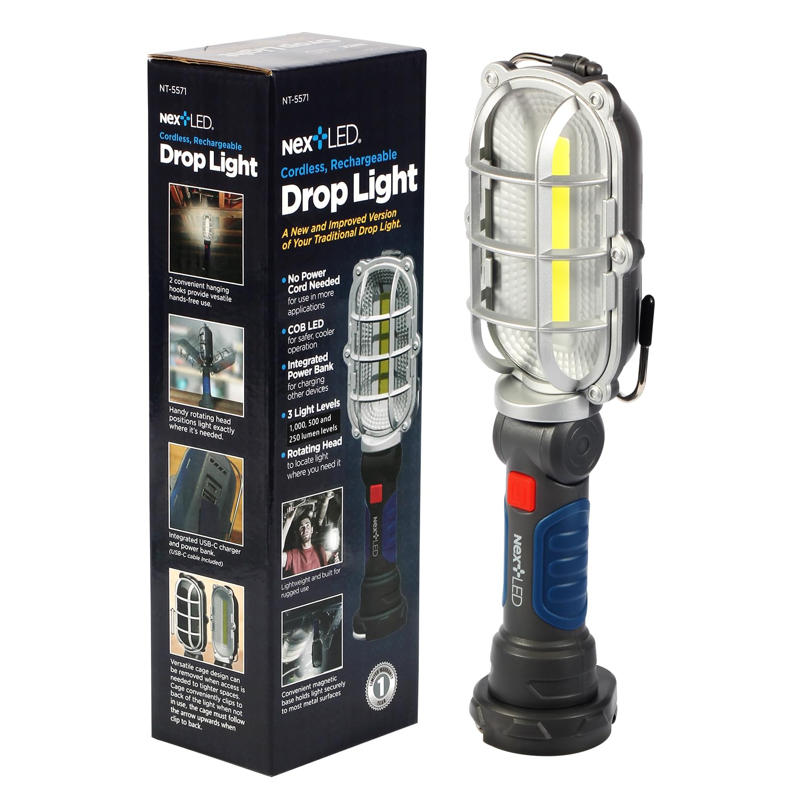 Nextled Nt-5571 Rechargeable Magnetic Led Work Light, 1000 Lumen Led Trouble Light, Cordless Led Drop Light, Mechanic Flashlight For Garage, Magnetic Base & Hook Automotive Work Light For Car Repair
