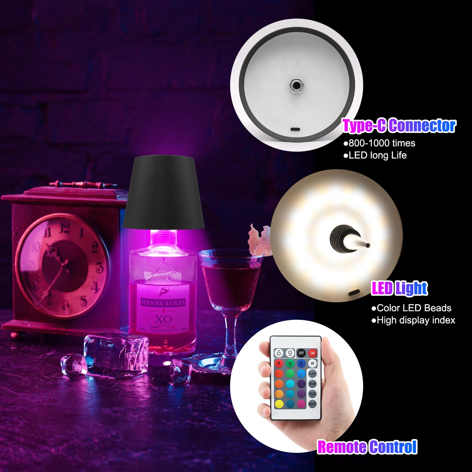 Wireless Bottle Lamp With Remote Control  Rechargeable Rgb Wine Bottle With 3Modes Light Dimming  Waterproof Touch Lamp Head For Room  Bar  Restaurant And Party Decorations(Black Rgb)