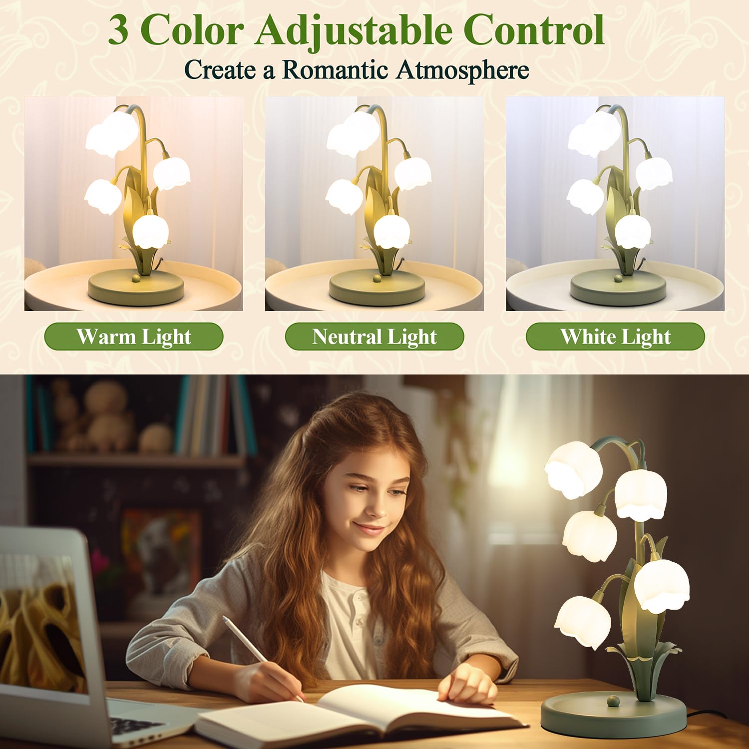 Werfop Vintage Flower Table Lamp For Home, 5 Lily Of The Valley Desk Lamps 3 Color Modes Reading Lamp With G4 Led Bulbs For Bedroom, Living Room, Office