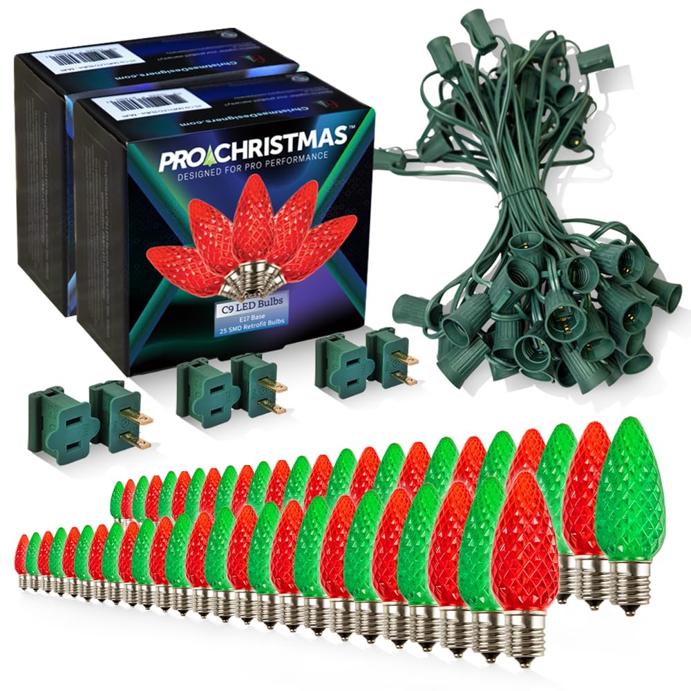 Pro Christmas C9 LED Christmas Light Kit for Rooflines & Pathways - DIY Cut to Length  Outdoor Commercial Grade (Green Wire w/Vampire Plugs  50 Bulbs  50 ft) Red and Green