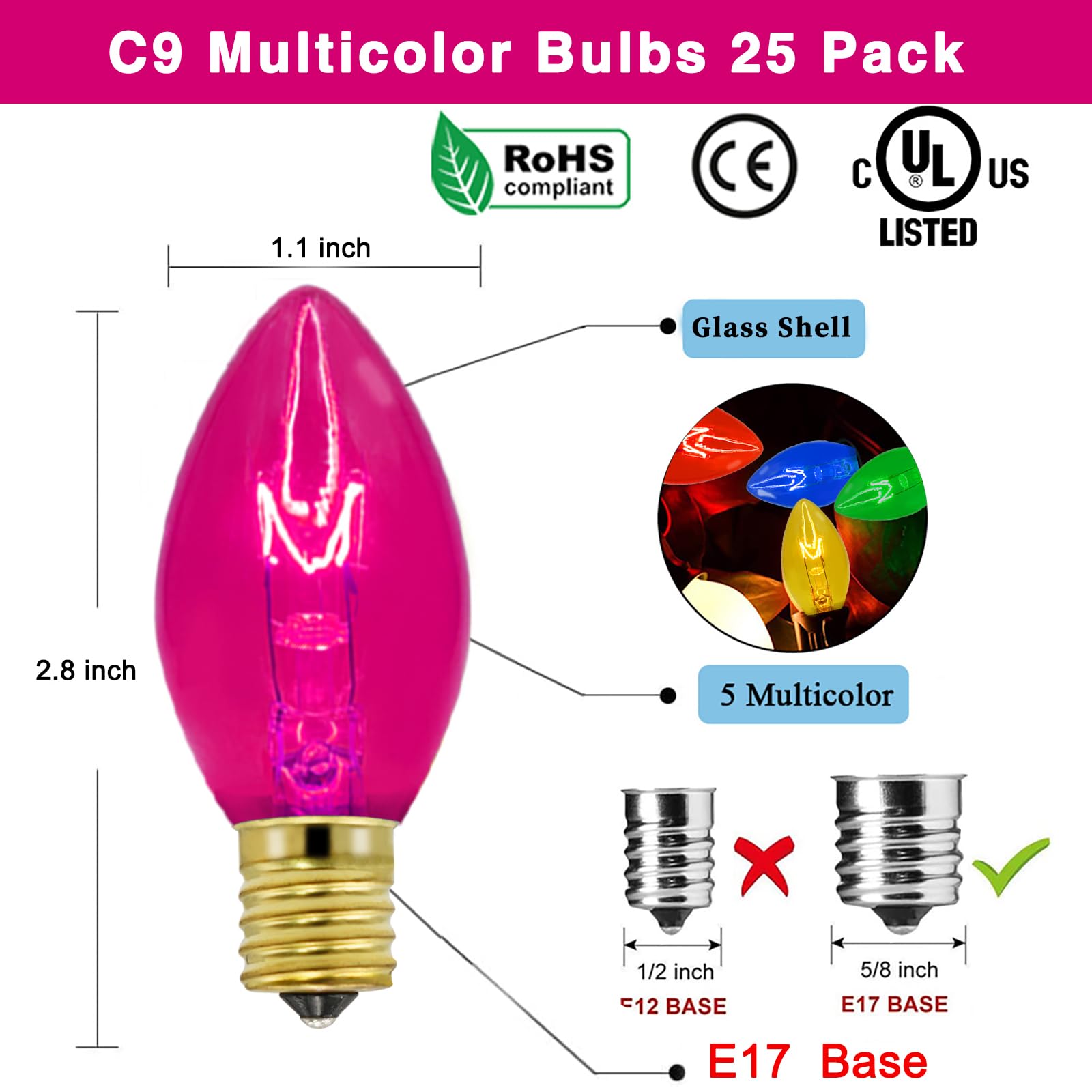 25 Pack C9 Replacement Christmas Light Bulbs,7 Watt C9 Multicolor Clear Light Bulbs For Christmas Indoor Outdoor Patio Halloween