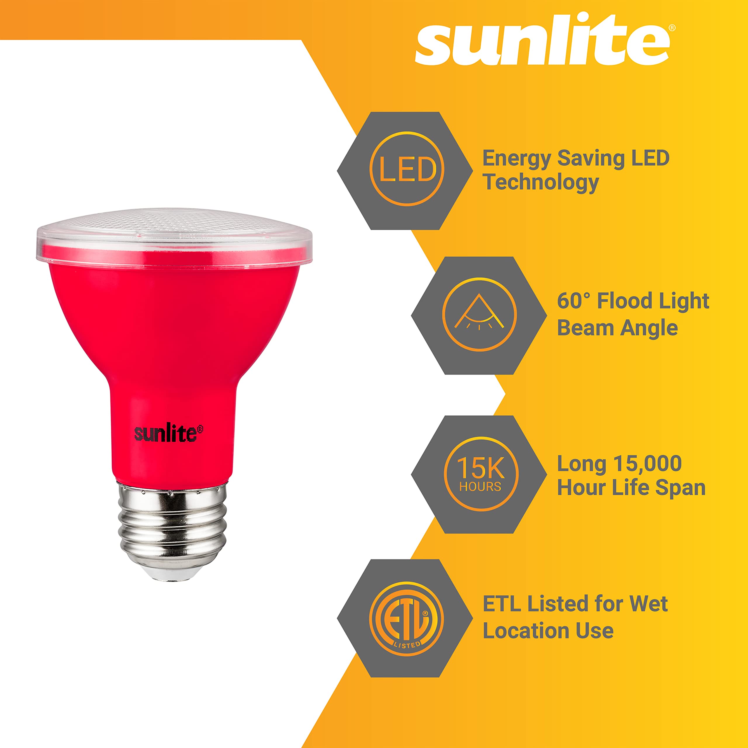 Sunlite LED PAR20 Floodlight Bulb, 3W (50W Equivalent), Red, Medium E26 Base, 3 Count, ETL Listed, Polycarbonate