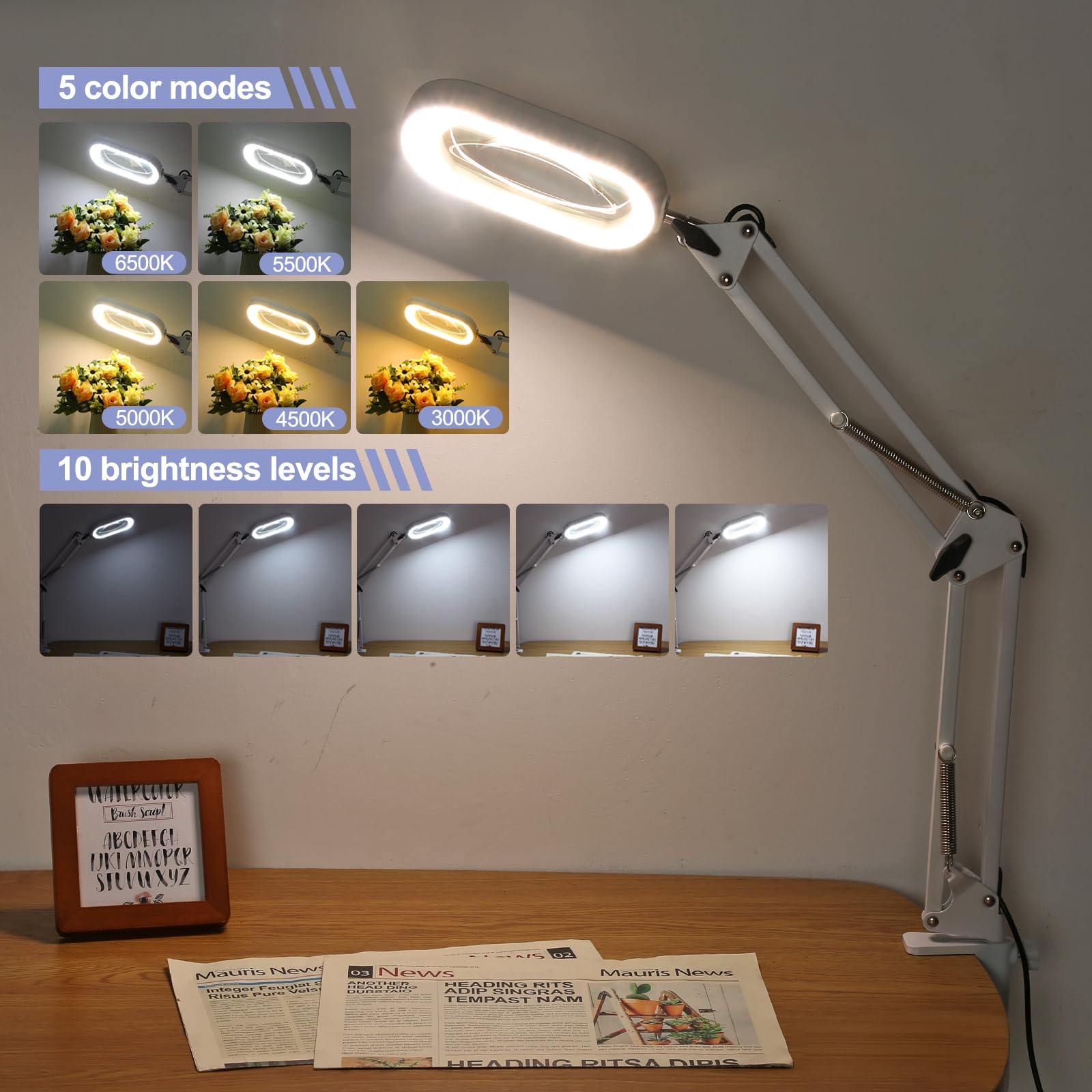 Drdefi Square Magnifying Glass With Light And Stand, Real Glass Led Lighted Magnifier, 5 Color Modes Stepless Dimmable, Hands Fr