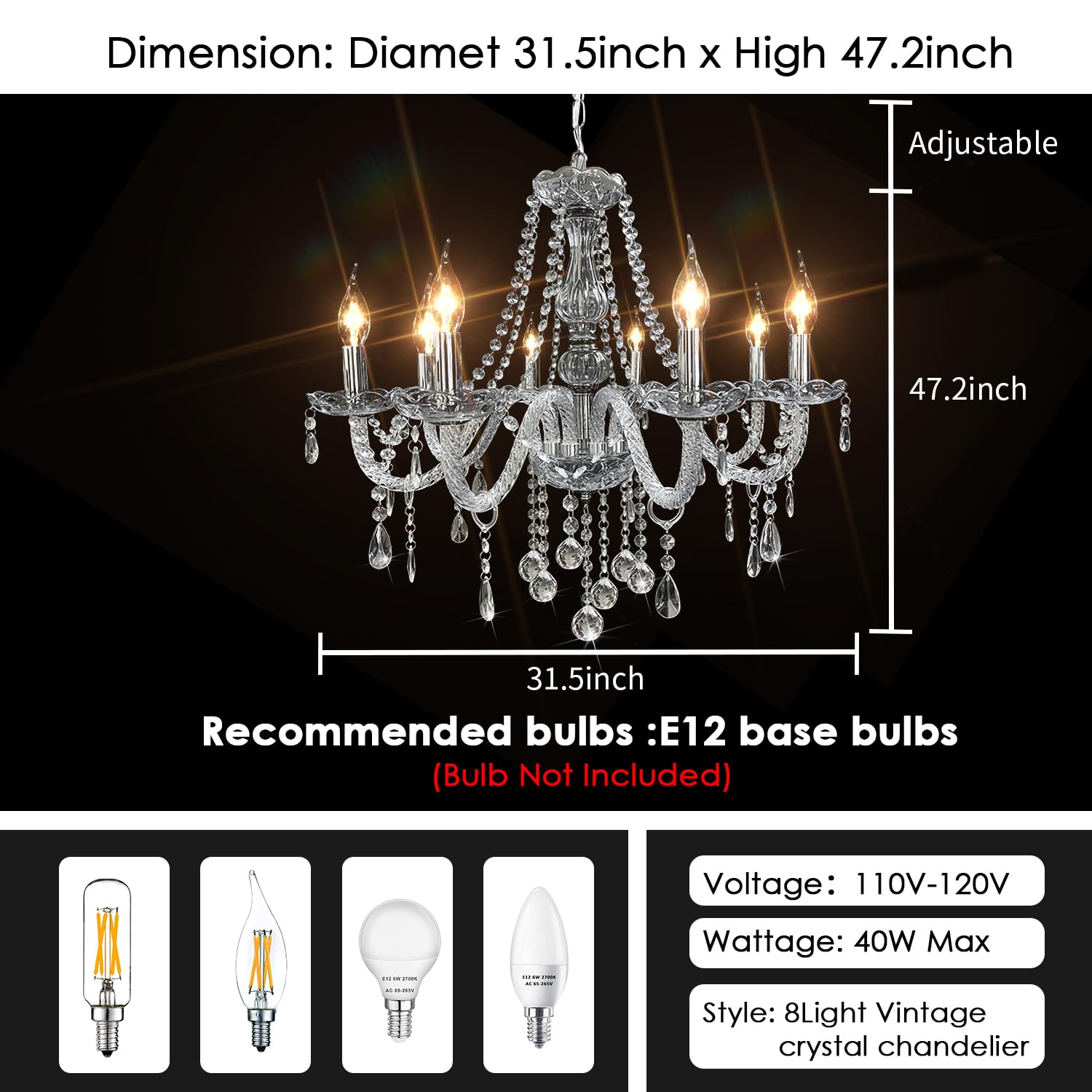 CRYSTOP 8 Light Chandelier, Contemporary Crystal Pendant Lamp, Clear, 31.5"x47.2" for Dining Room, Living Room, Bedroom