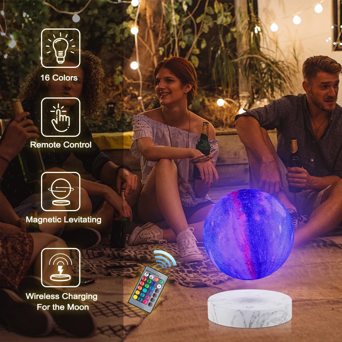 VGAzer Levitating Moon Lamp - 3D Printing LED, 16 Colors, 20 Modes, Marble Base, Model VA1213