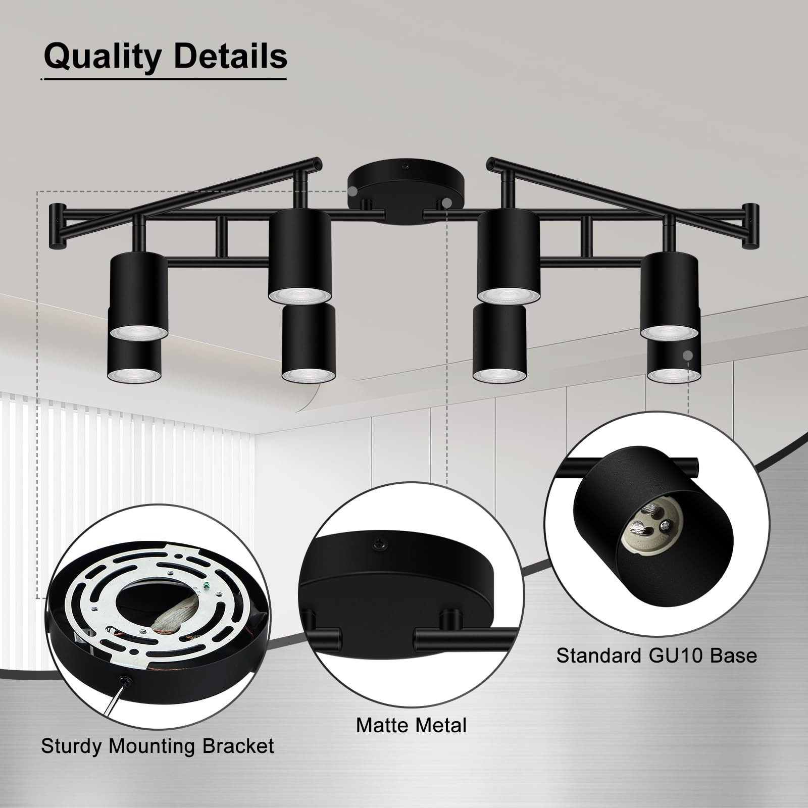AUQUEE 8 Light Track Lighting Fixtures, Matte Black, Adjustable LED Lights for Kitchen/Hallway, Model AQC0681US, Metal Construction