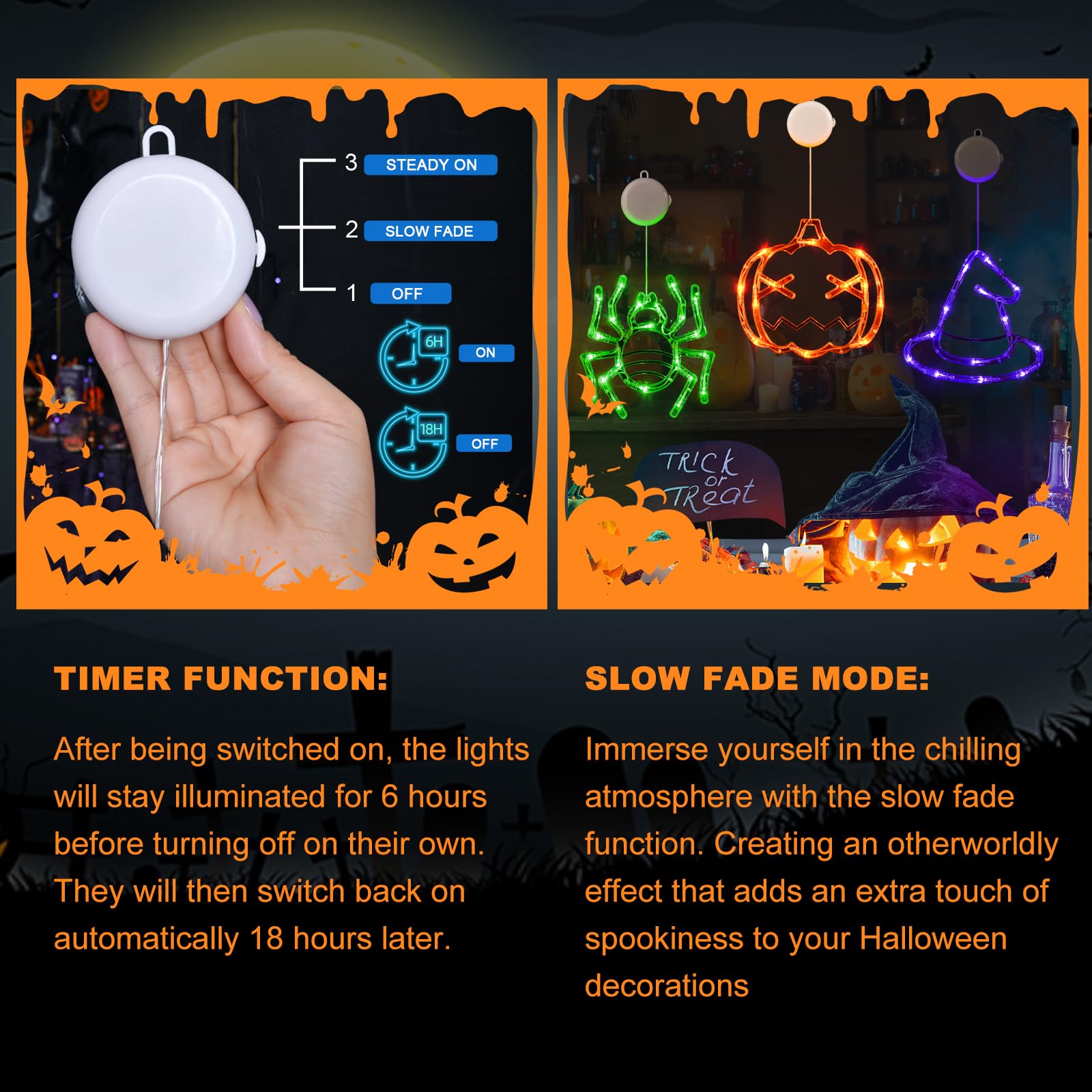 LOLStar Halloween Lights - 3 Pack Orange Pumpkin, Green Spider, Purple Witch Hat - Battery Operated with Suction Cup - Slow Fade Mode