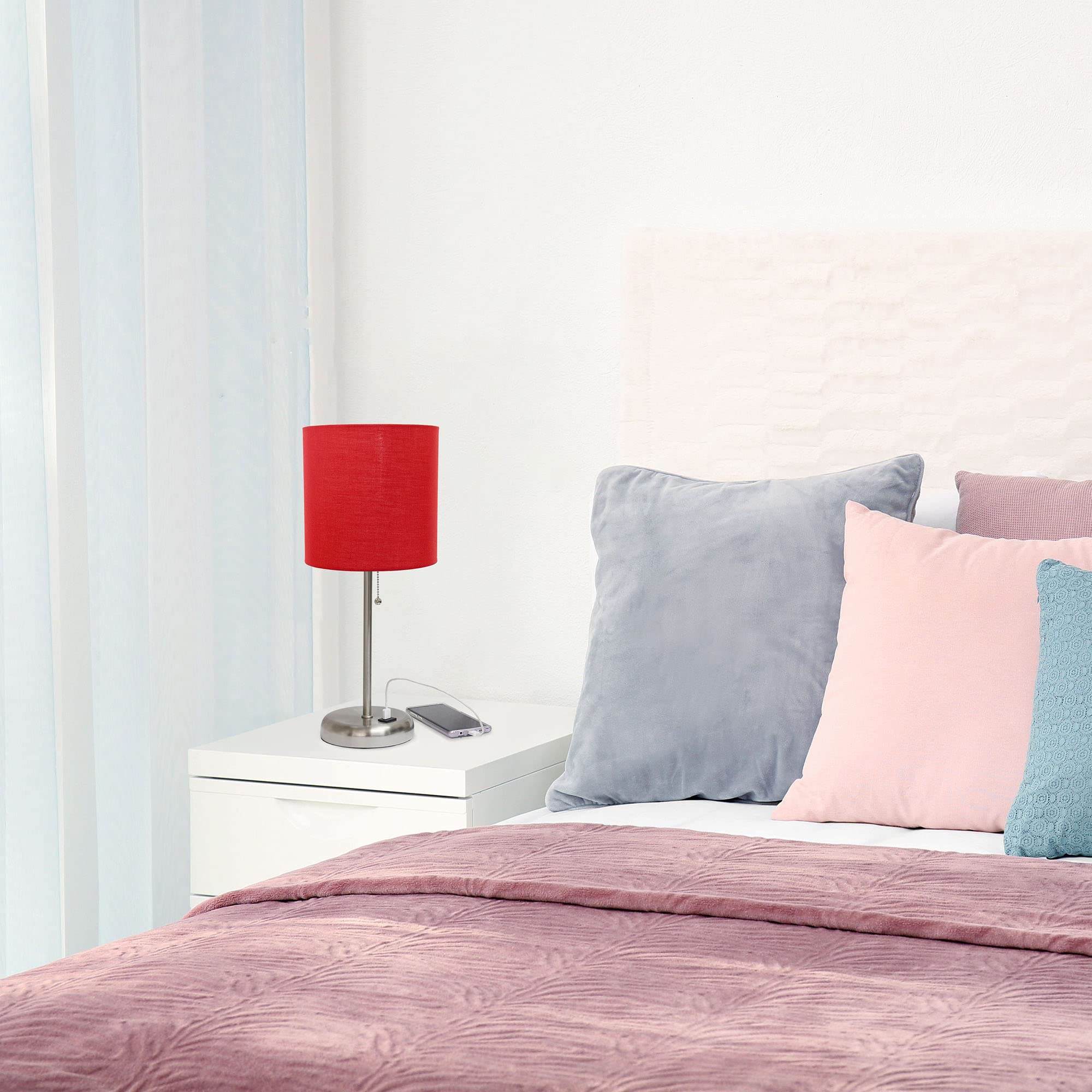 Creekwood Home Usb Table Lamp, 19.5&quot; Brushed Steel With Red Fabric Shade, Modern Design