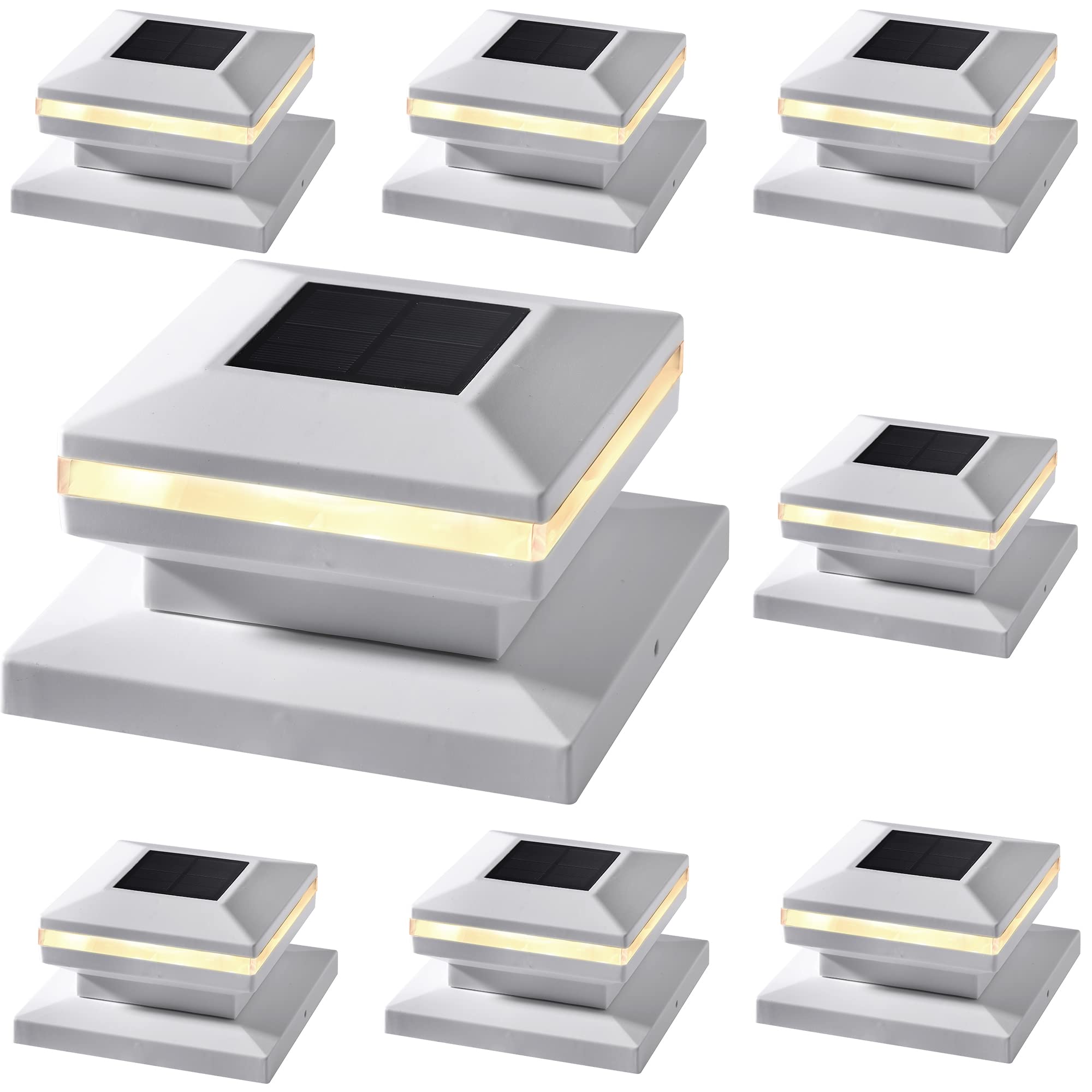 Dynaming 8 Pack Solar Post Lights, Outdoor Decorative Post Cap Light, Solar Powered White Shell Caps, Brightness Warm White LED 