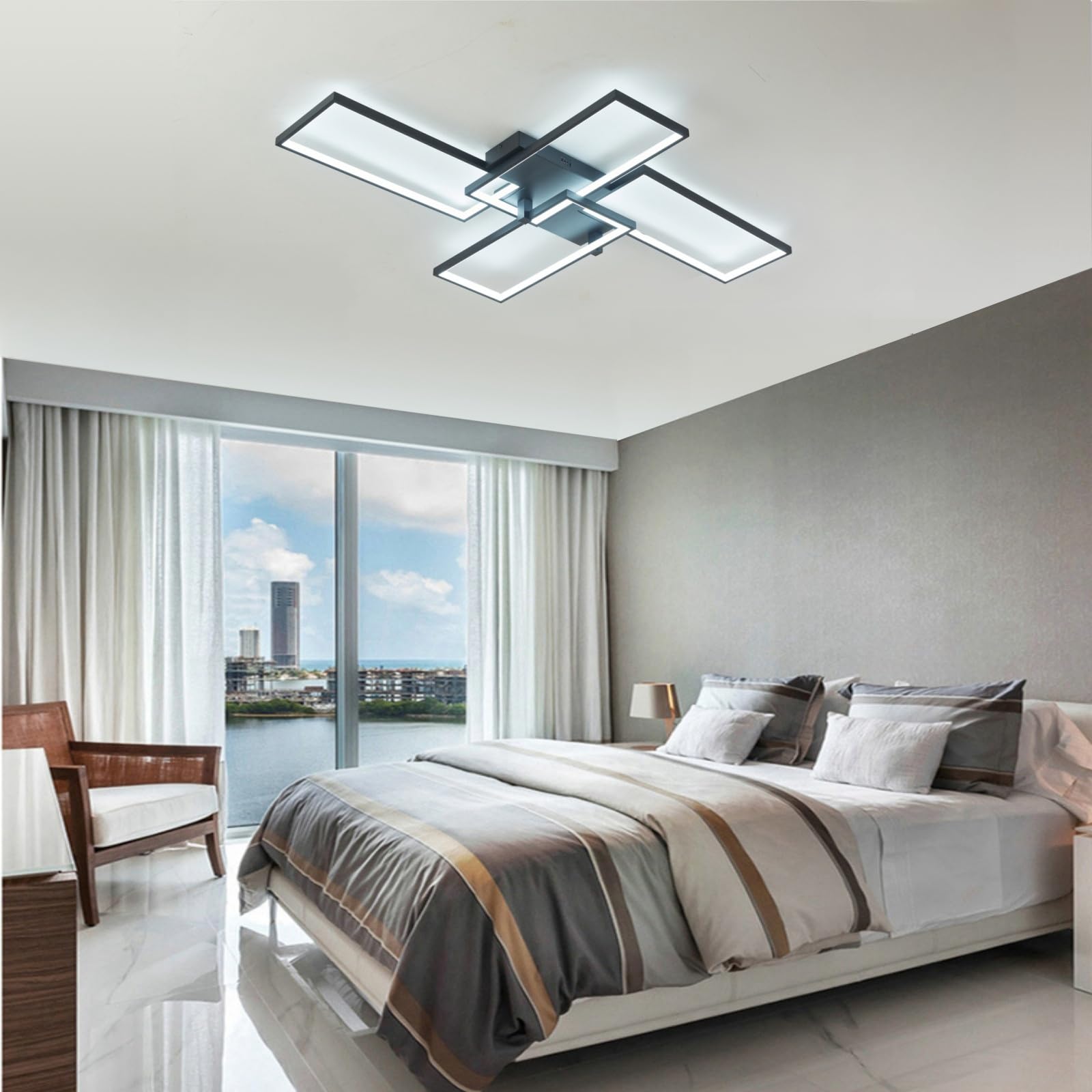 Fbfc 47'' Modern Led Ceiling Light Fixture 65W Dimmable With Remote Control Ceiling Lighting, Black Flush Mount Chandelier Ceili