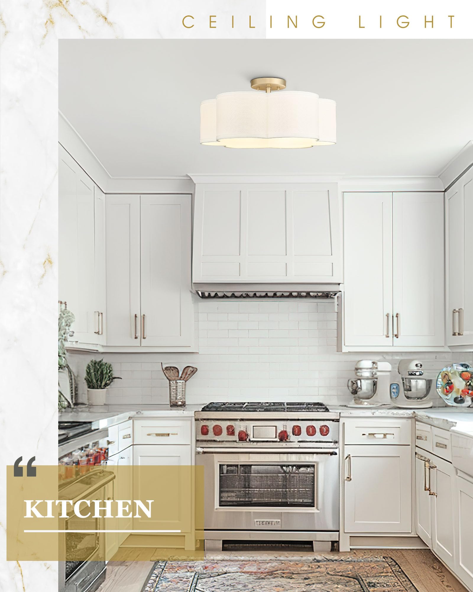 Audickic Gold Semi Flush Mount Ceiling Light, 6-Light 18Inch Ceiling Light Fixtures With Fabric Drum Shade In Flower Shape, Farm