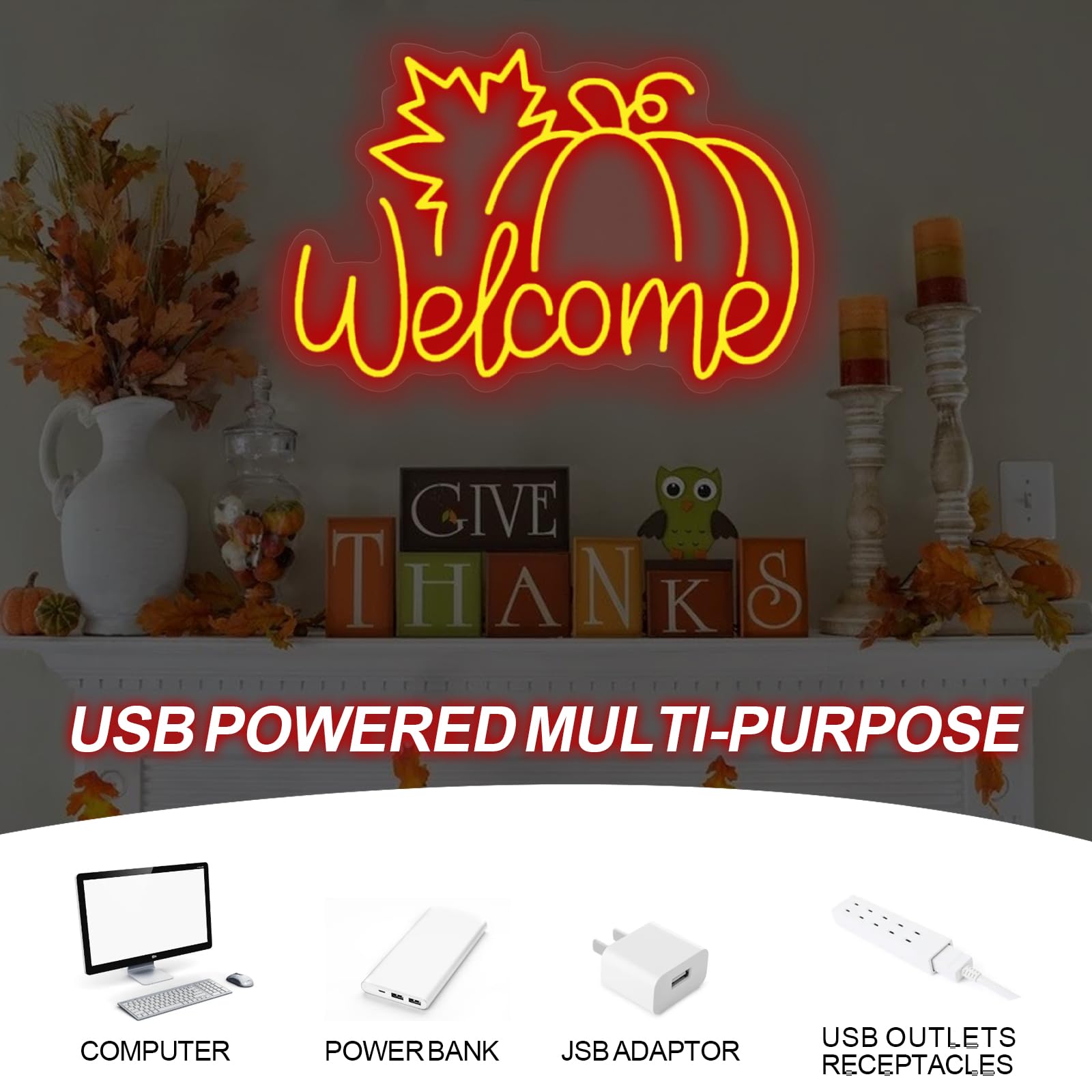 Welcome Pumpkin Neon Sign Light Halloween Thanksgiving Wall Art Neon Night For Autumn Thanksgiving Home Fireplace Door Desktop Hanging Ornaments  Farmhouse Front Door Sign Farm Welcome Sign