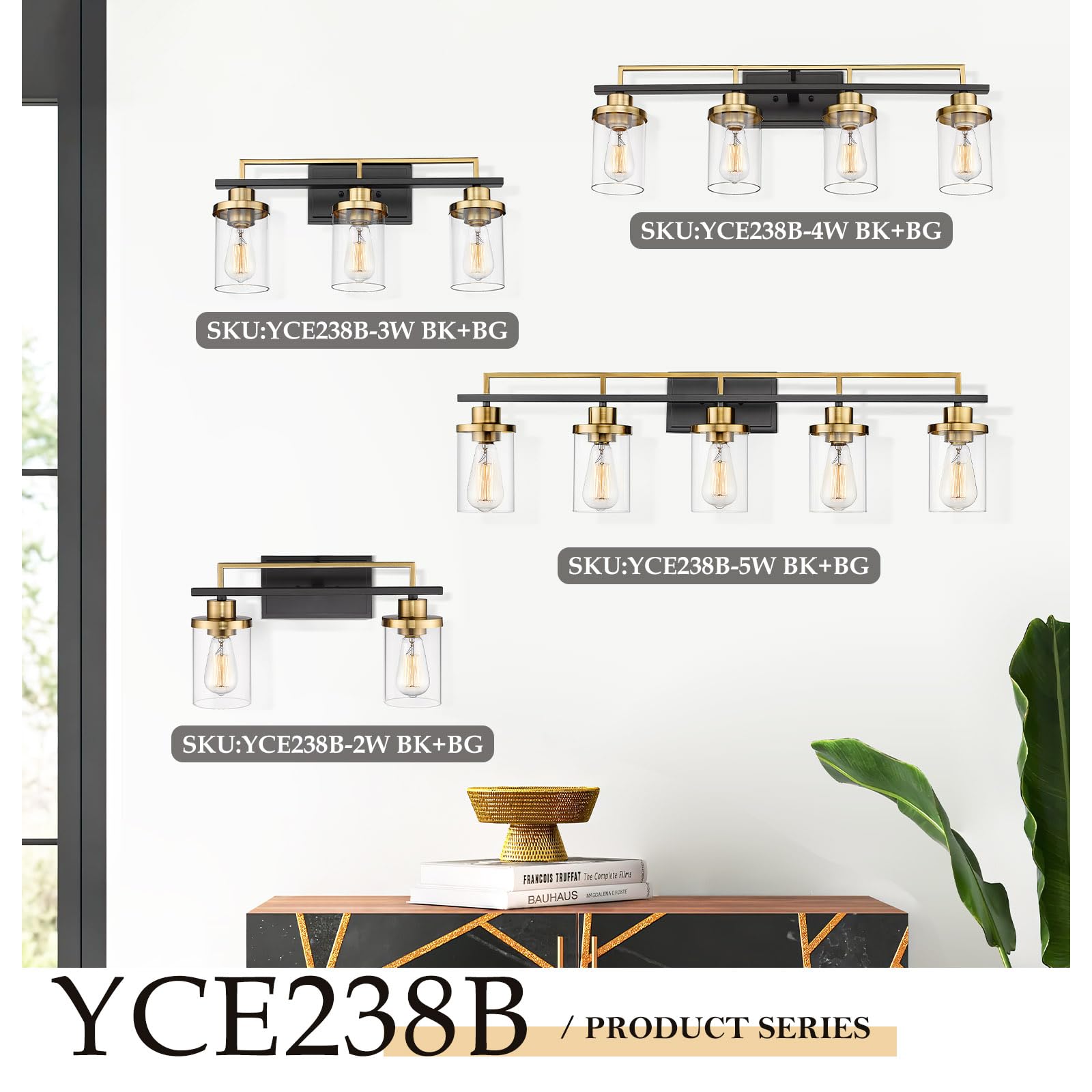 Emliviar 36-Inch 5-Light Bathroom Fixture, Modern Black & Gold Metal Vanity Light, Model YCE238B-5W BK+BG