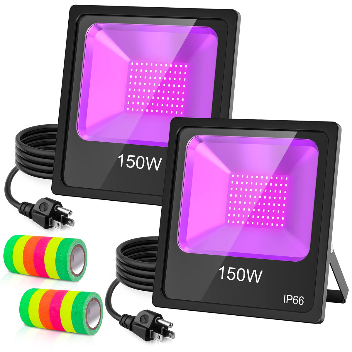 150W Black Light for Christmas Decorations, 2 Pack UV Flood Light with Plug(10ft Cable), IP66 Waterproof Blacklights with Fluore